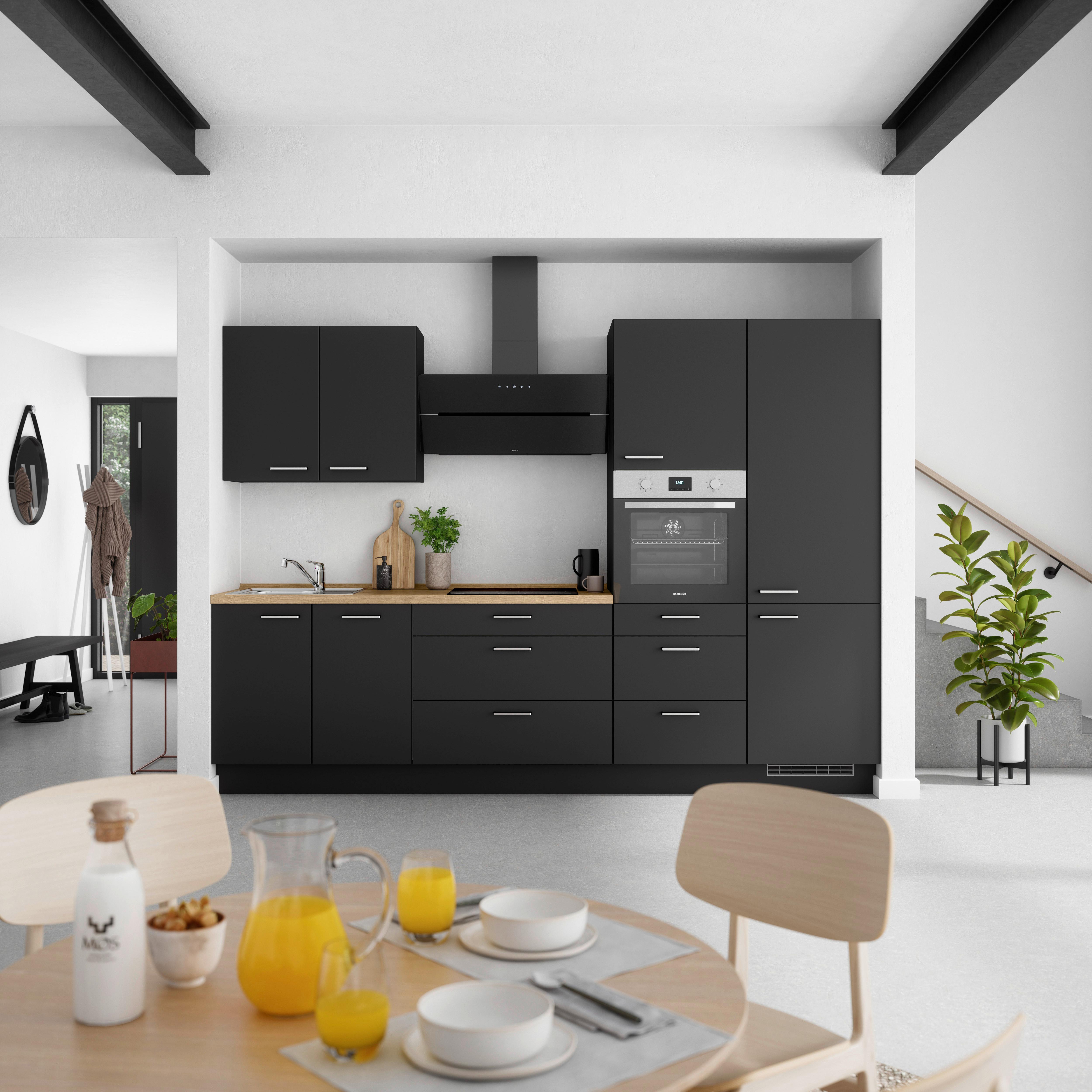 Küchenblock Touch High m. Geräten Schwarz - Edelstahlfarben/Eichefarben, MODERN, Holzwerkstoff/Metall (300cm) - Nobilia