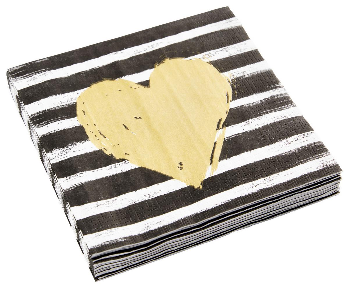 Serviette Kai mit Herzmotiv - Goldfarben/Schwarz, Papier (33cm)