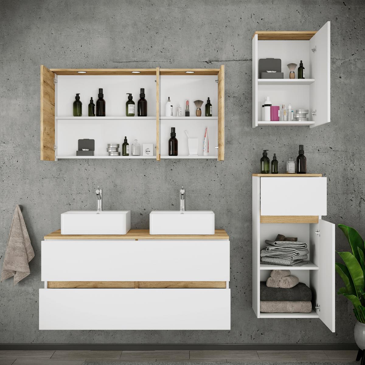 Badezimmer Cosila - Honigeiche/Weiss, Trend, Keramik/Holzwerkstoff (151cm) - MID.YOU