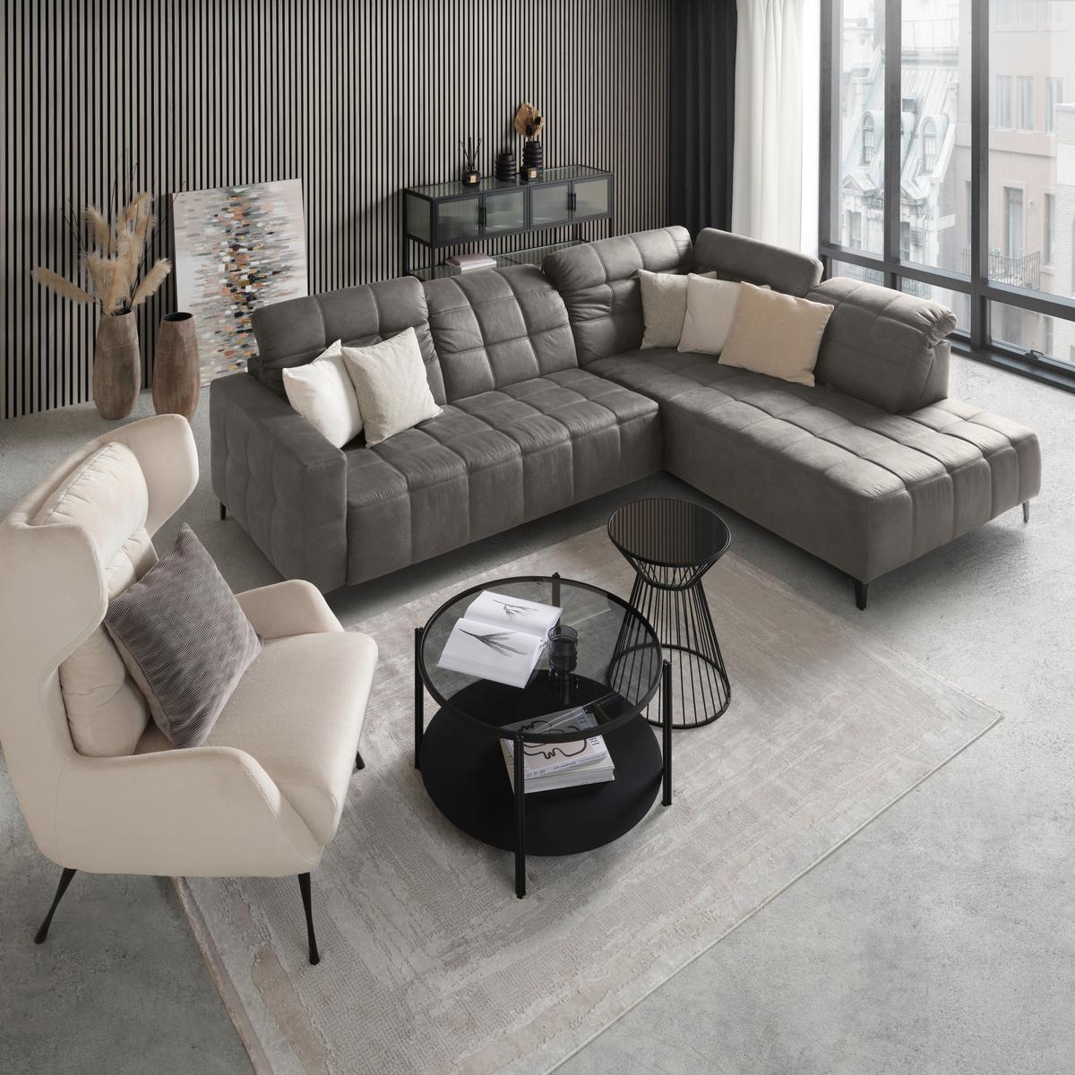 Ecksofa Panama rechts Greige - Greige/Schwarz, KONVENTIONELL, Textil/Metall (304/89-102/216cm) - Premium Living