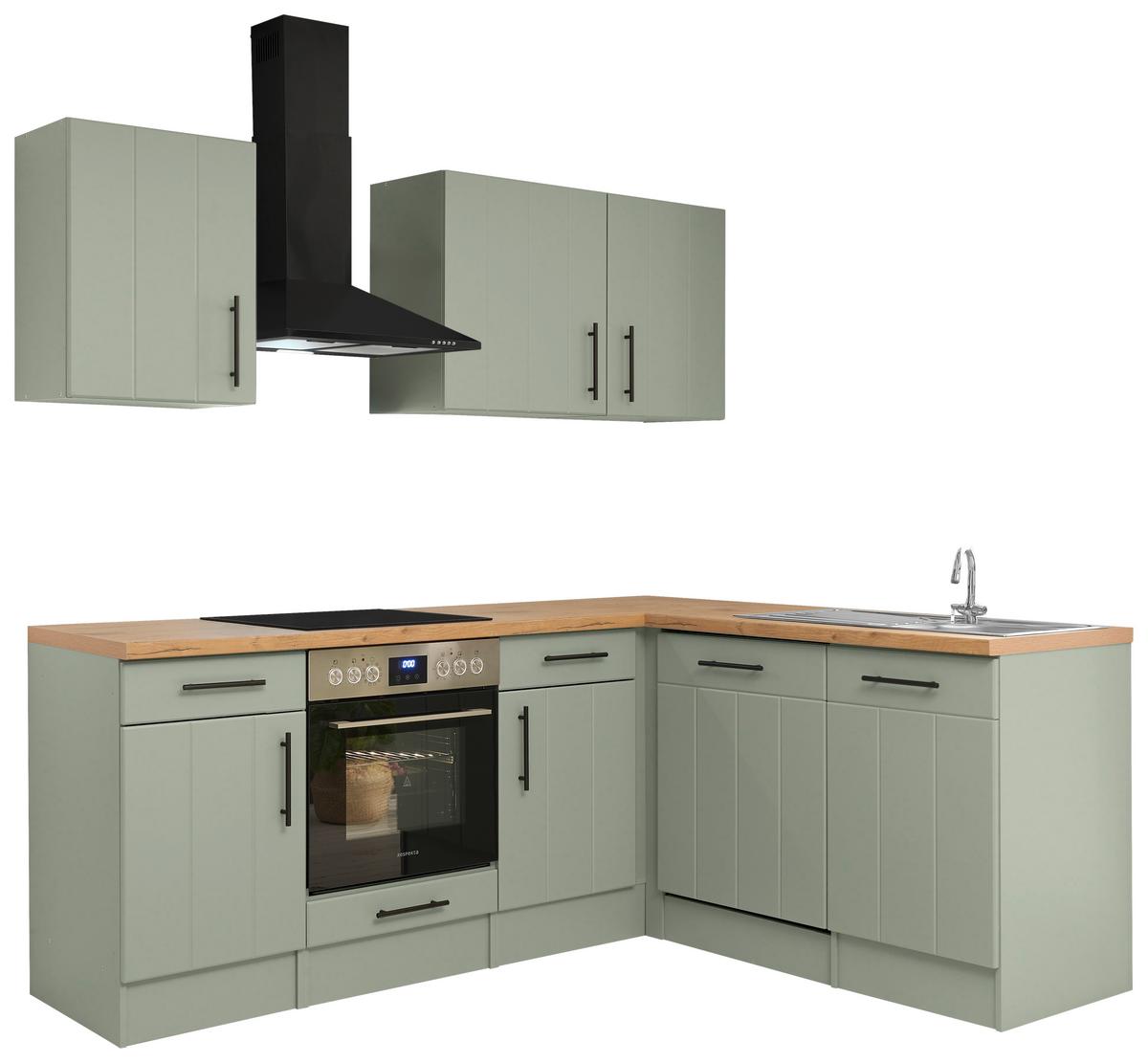 Eckküche Anton m. Geräte ca. 220x172cm Eiche/Schilfgrün - Schilfgrün/Wildeiche, Trend, Holzwerkstoff/Metall (220/172cm) - Respekta