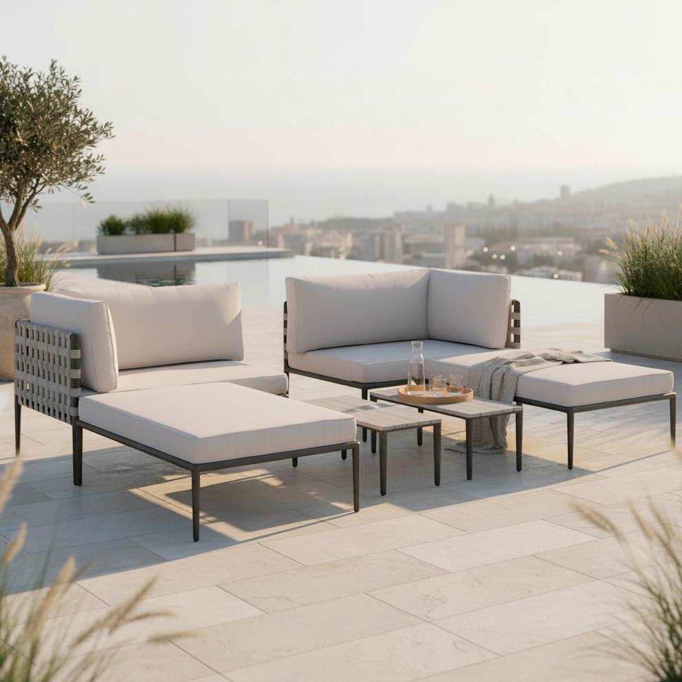 Loungegarnitur Enja Hellgrau Metall/Outdoorstoff - Hellgrau/Schwarz, MODERN, Kunststoff/Textil (104/60/70cm) - Bessagi Garden