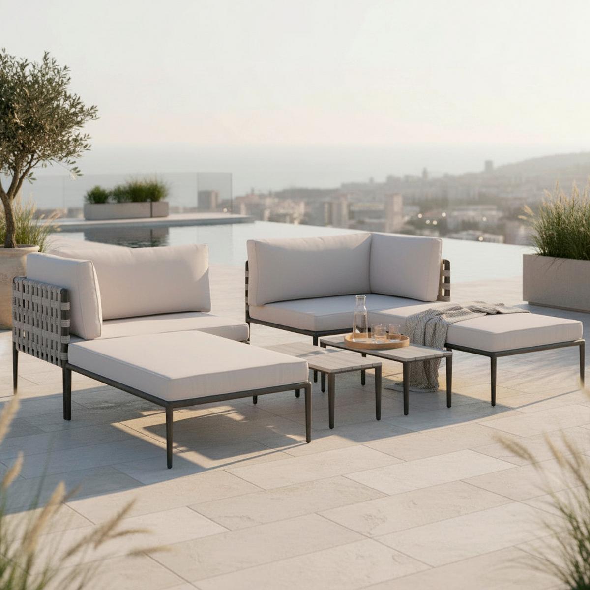 Loungegarnitur Enja Hellgrau Metall/Outdoorstoff - Hellgrau/Schwarz, MODERN, Kunststoff/Textil (104/60/70cm) - Bessagi Garden