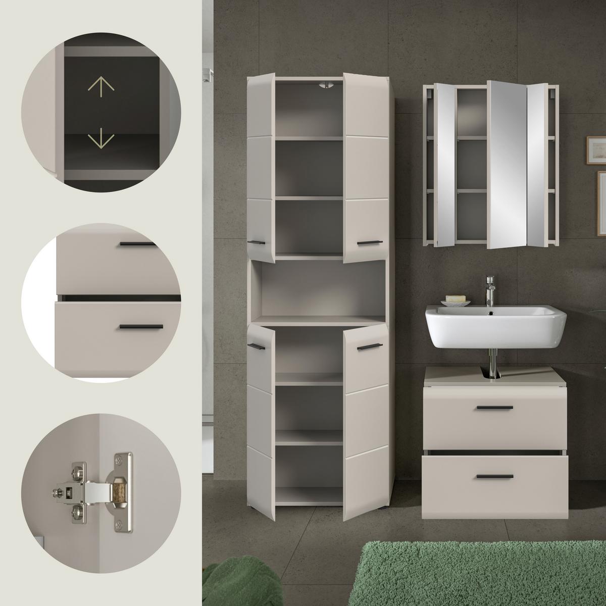Badezimmer Ice Kaschmir 3-teilig - Kaschmir/Schwarz, Trend, Glas/Holzwerkstoff (120cm) - MID.YOU