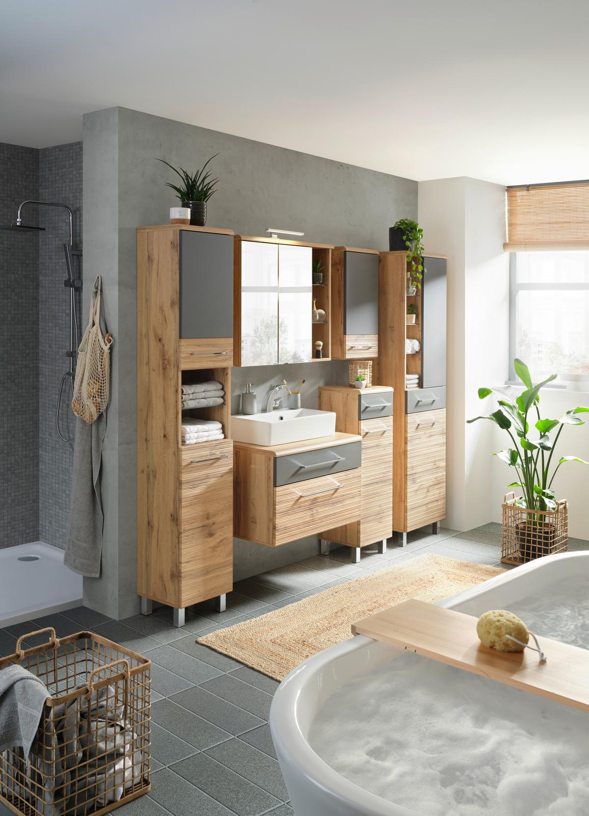 Dulap înalt Float - culoare lemn stejar/antracit, Modern, material pe bază de lemn (35/194/33cm) - Premium Living