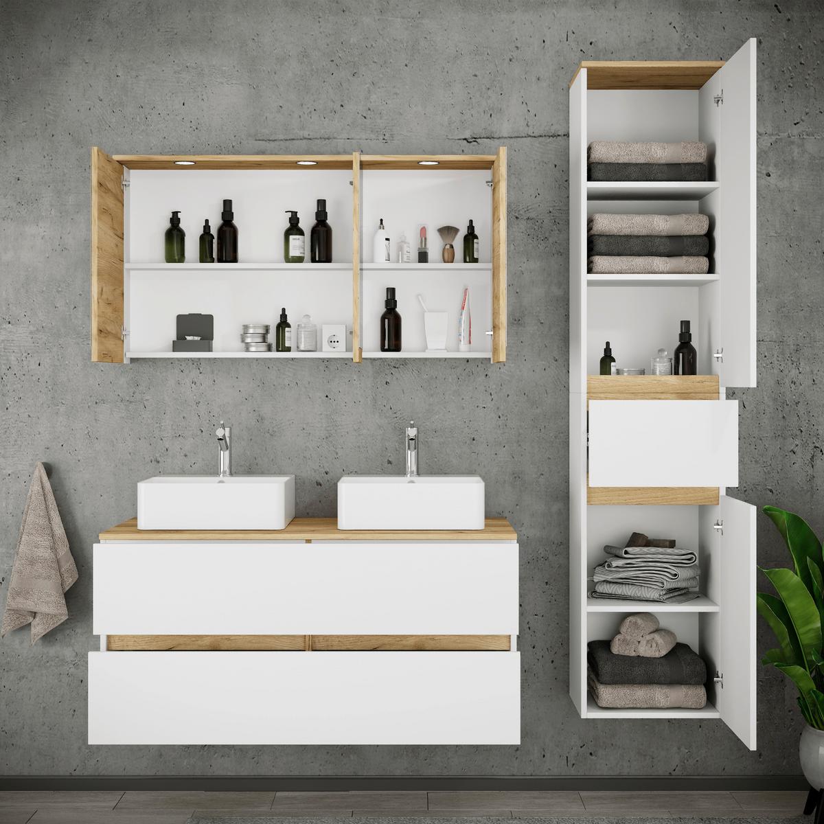 Badezimmer Cosila - Honigeiche/Weiss, Trend, Keramik/Holzwerkstoff (151cm) - MID.YOU