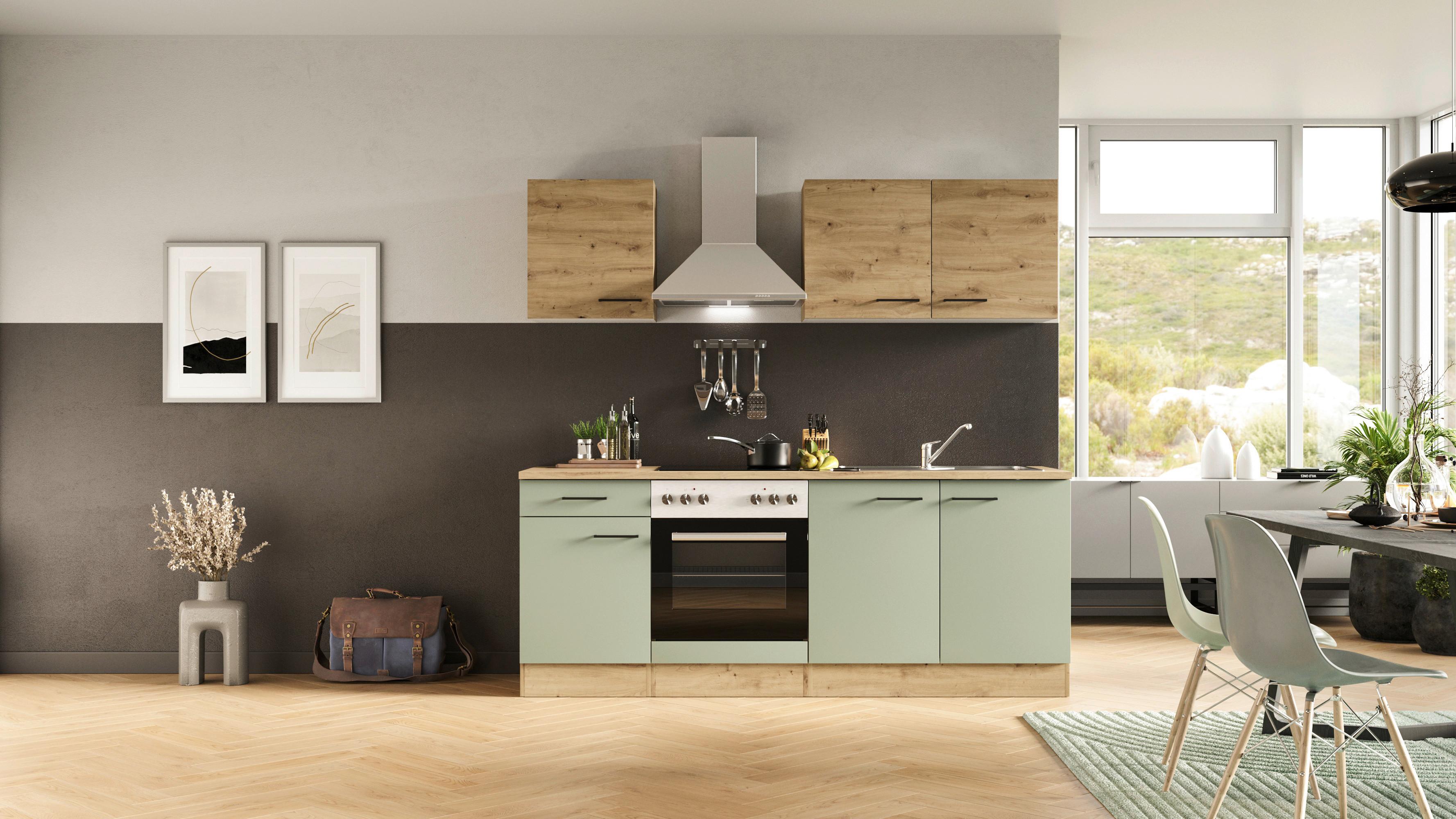 Kuhinjski Blok Cara, Zelena, Hrast - črna/zelena, Moderno, kovina/leseni material (210cm) - FlexWell