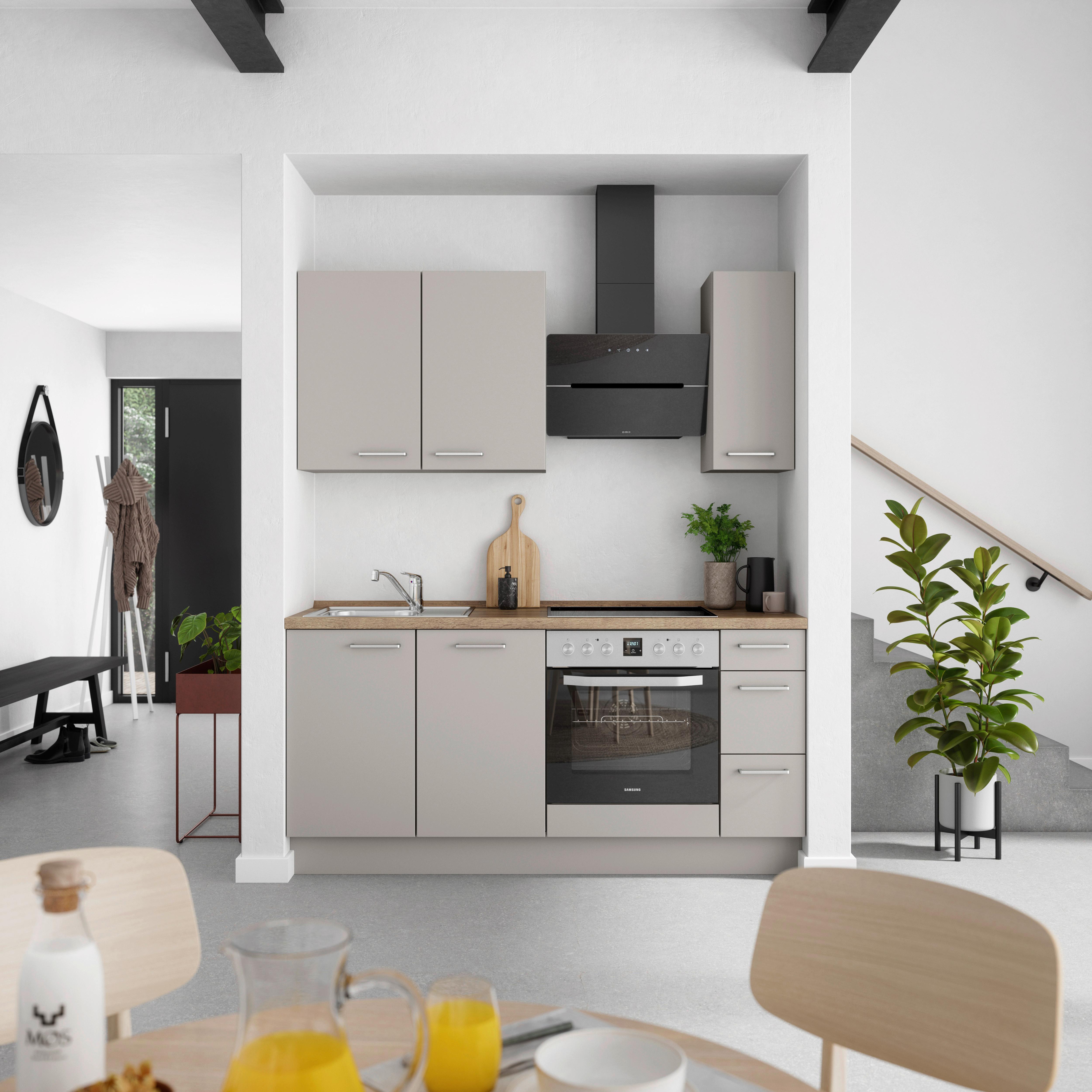 Küchenblock Touch High m. Geräten Grau - Eiche dunkel/Edelstahlfarben, MODERN, Holzwerkstoff/Metall (180cm) - Nobilia