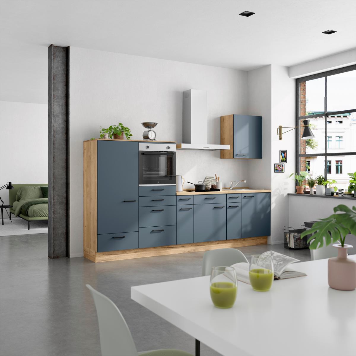 Küchenblock Easytouch Low m. Geräten Blau - Blau/Eichefarben, MODERN, Holzwerkstoff/Metall (300cm) - Nobilia