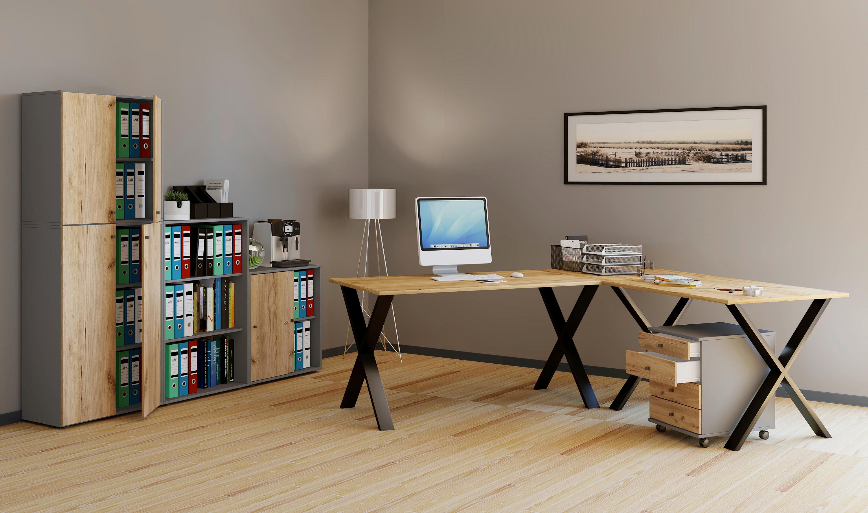 Kotna Pisalna Miza Lona, Barva Hrasta, Črna, 160x160cm - srebrne barve/črna, Moderno, kovina/leseni material (160/160/76cm) - MID.YOU