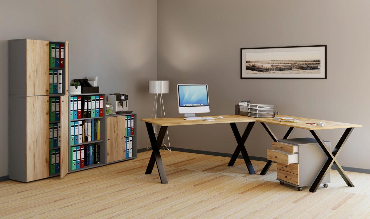 Kotna Pisalna Miza Lona, Barva Hrasta, Črna, 160x160cm - srebrne barve/črna, Moderno, kovina/leseni material (160/160/76cm) - MID.YOU