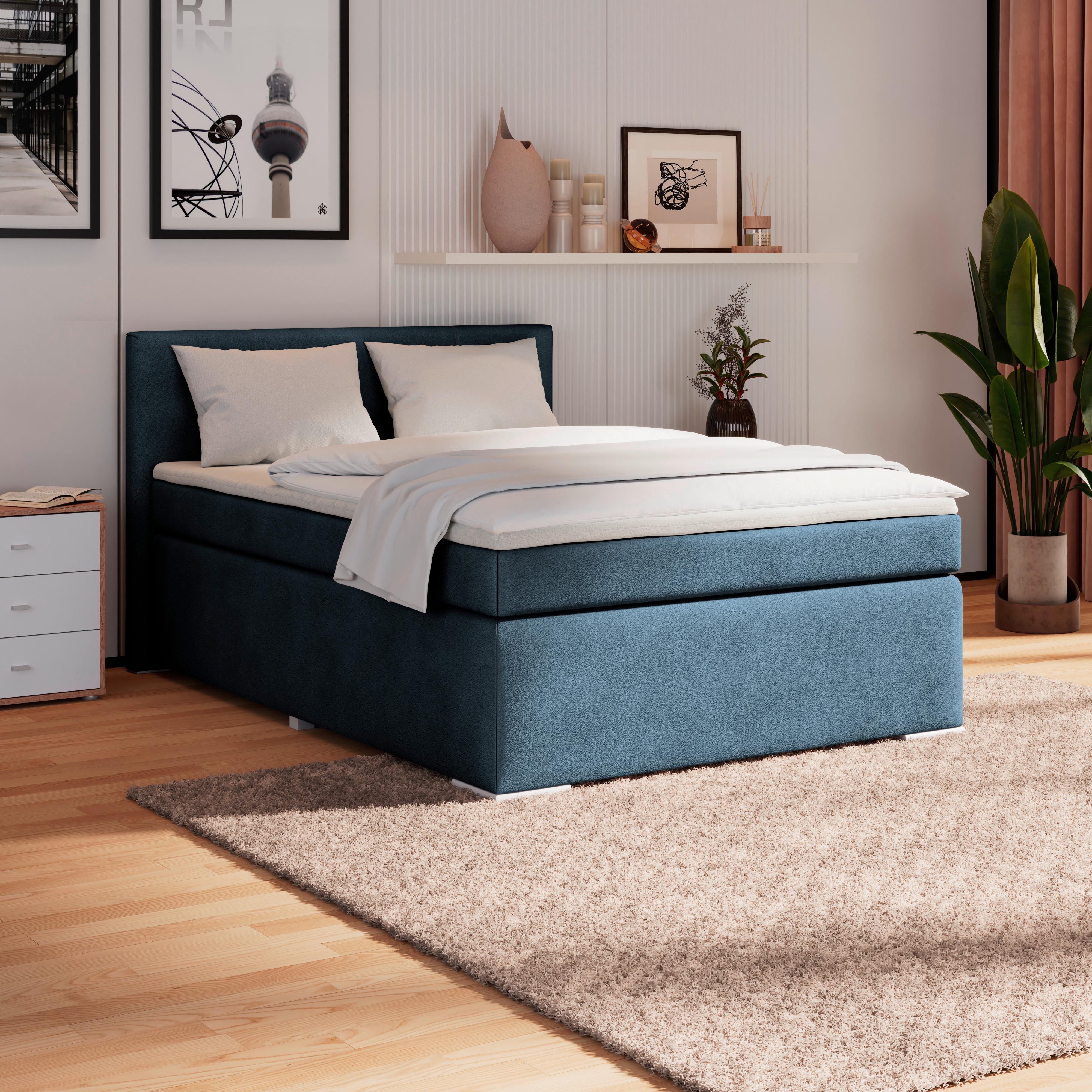 Boxspring Krevet Mira 1 - tamno plava, Basics, metal/tekstil (120/200cm)