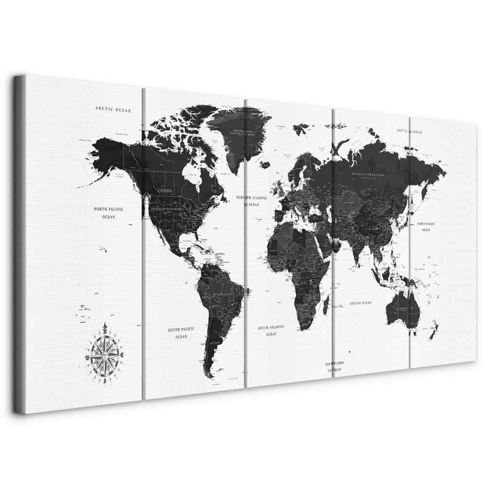Slika Na Platnu Black And White Map - črna/bela, Basics, tekstil/leseni material (200/80/1,2cm) - artgeist