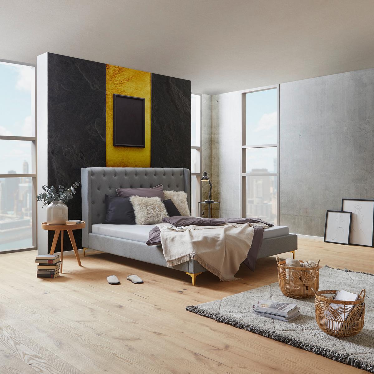 ŁÓŻKO TAPICEROWANE TANJA - jasnoszary/czarny, Modern, materiał drewnopochodny/metal (180/200cm) - Livetastic