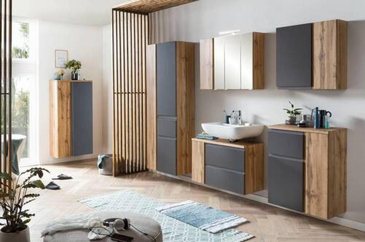 Hochschrank "Varese" in grau/wotaneiche - Eiche Wotan/Grau, MODERN, Holzwerkstoff (65/180/35cm) - Held