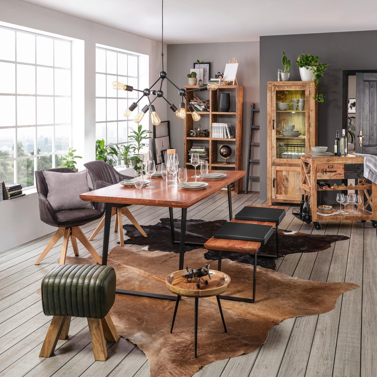 Hocker aus Leder/Mangoholz massiv - Naturfarben/Grün, Lifestyle, Leder/Holz (27/46/38cm) - Mömax