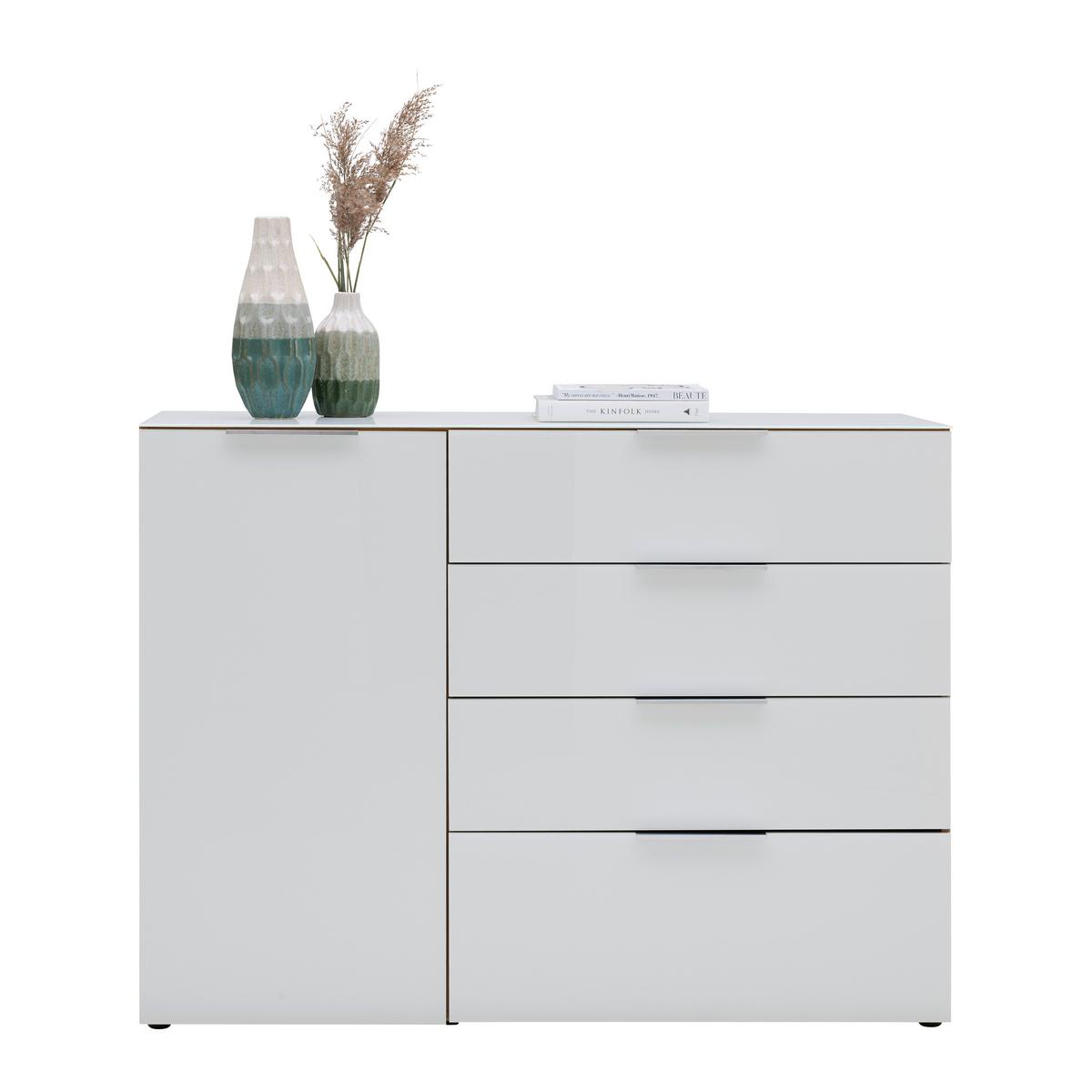 Sideboard Oakland in Weiß/Eichefarben - Chromfarben/Eichefarben, MODERN, Glas/Holzwerkstoff (134/102/42cm) - Premium Living