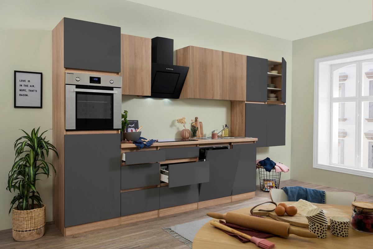 Küchenzeile Premium m. Geräte Grau/Eiche B: ca. 380 cm - Eichefarben/Grau, Basics, Holzwerkstoff (380cm) - Respekta