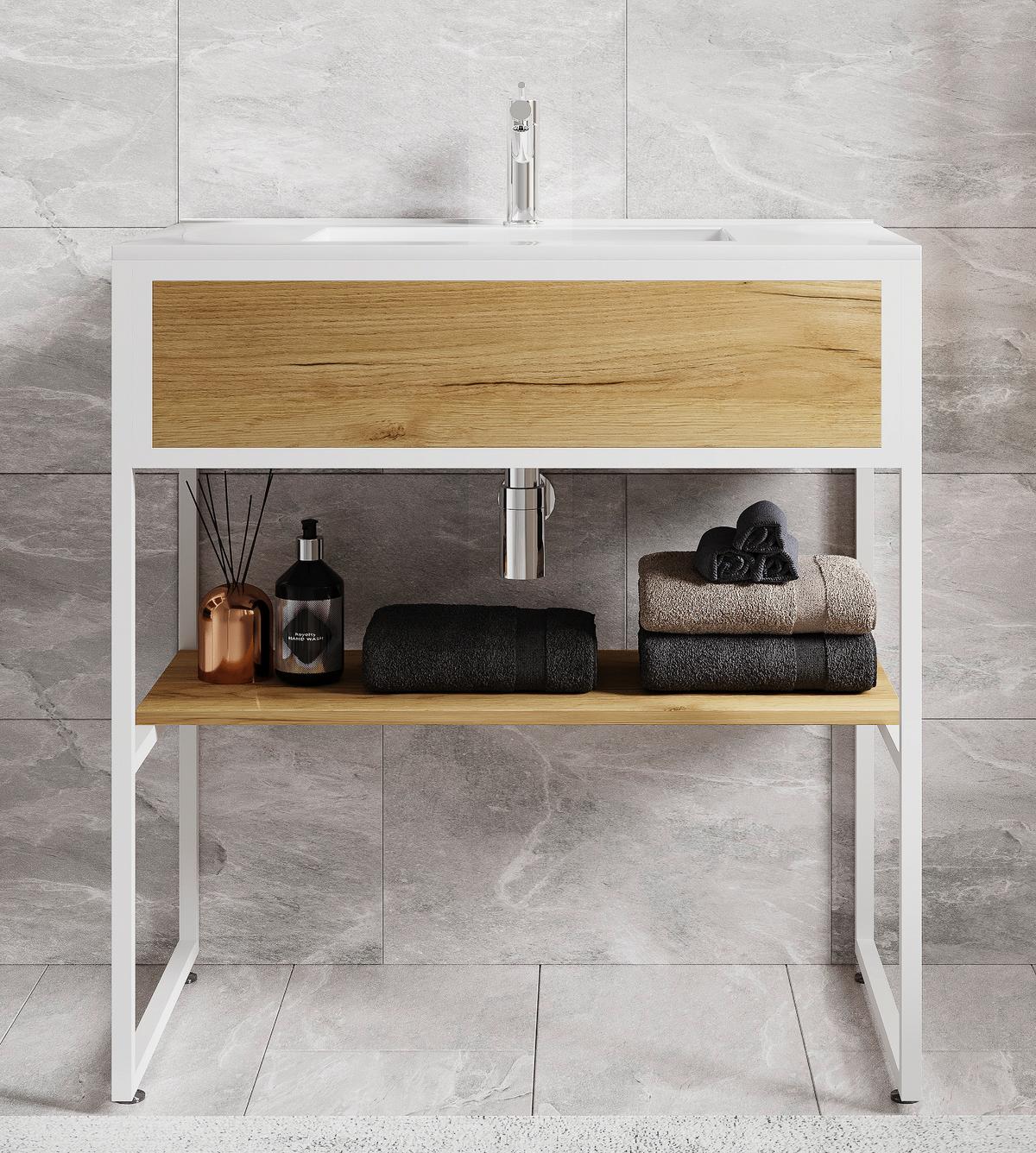 Kombiniran Umivalnik Bitila 80, Bela, Barva Hrasta - bela/medeni hrast, Moderno, kovina/leseni material (80cm) - MID.YOU