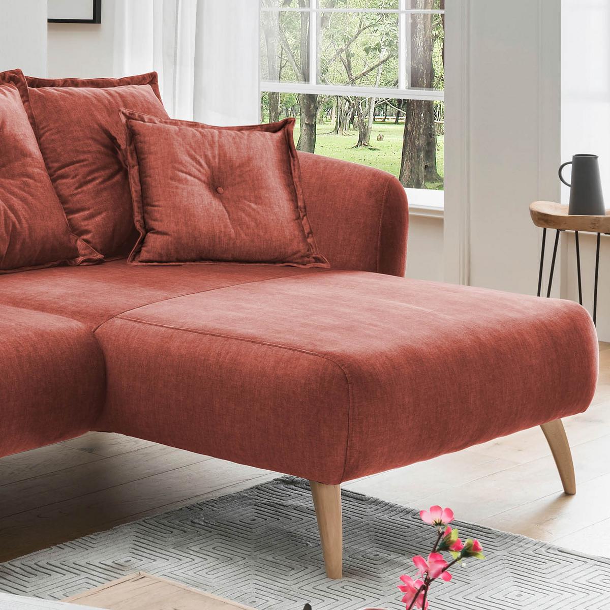 Wohnlandschaft Baggio Koralle Velours - Koralle/Buchefarben, MODERN, Holz/Textil (277/162cm) - Livetastic