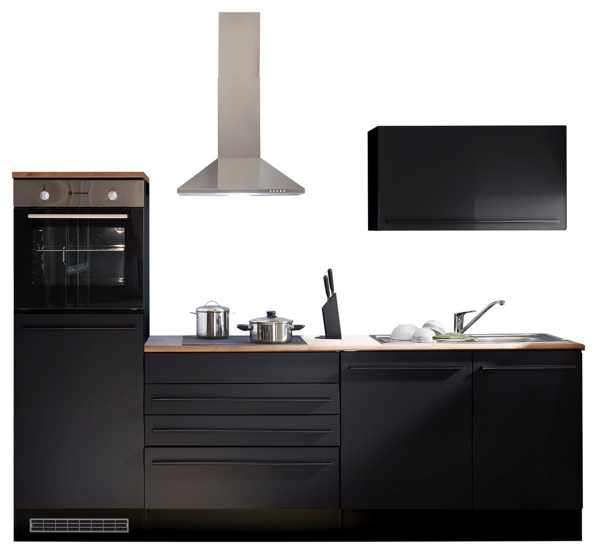 Küchenblock Jazz mit Geräten ca. 260 cm Schwarz - Eichefarben/Schwarz, LIFESTYLE, Holzwerkstoff/Kunststoff (260cm) - P & B