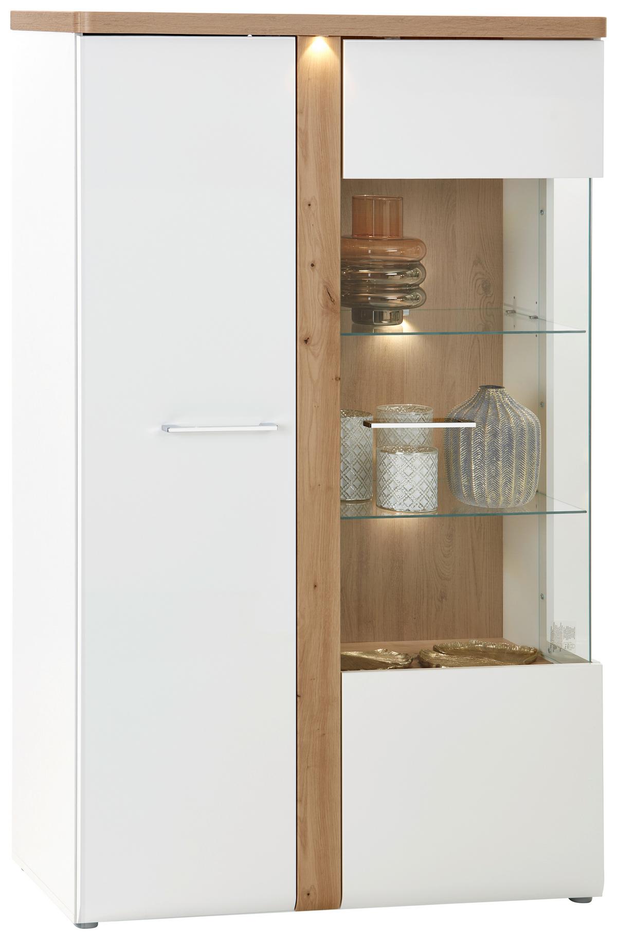 Vitrină VIOLA - alb/culoare lemn stejar, Modern, plastic/sticlă (98,5/164/43,2cm) - Premium Living