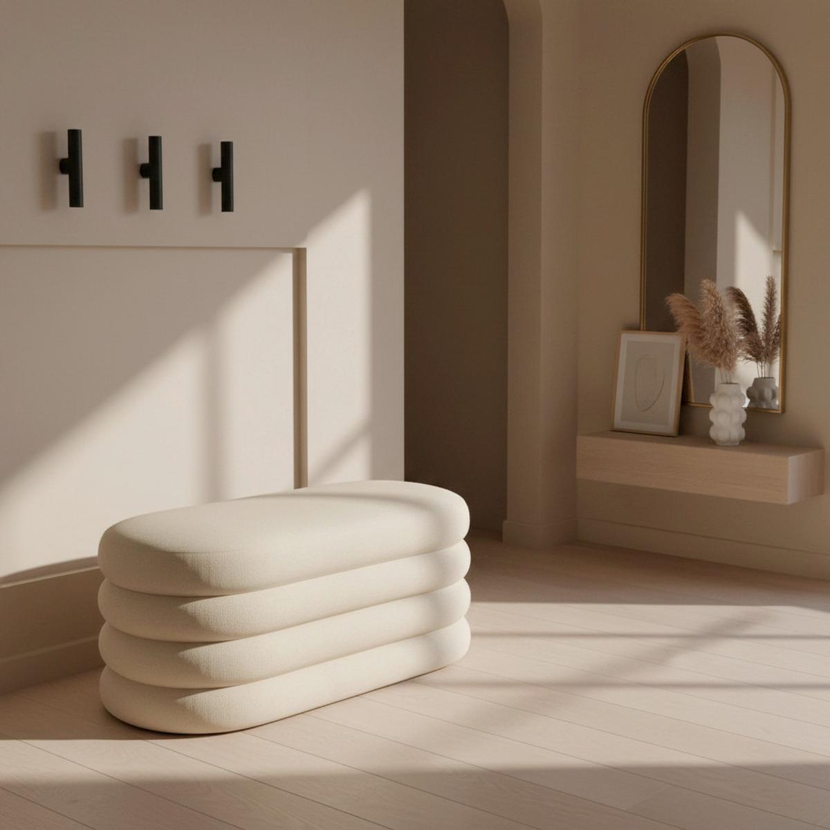 Hockerbank Lorena Beige Bouclé Gepolstert mit Stauraum - Beige, MODERN, Holz/Textil (110/47/45cm) - Bessagi Home