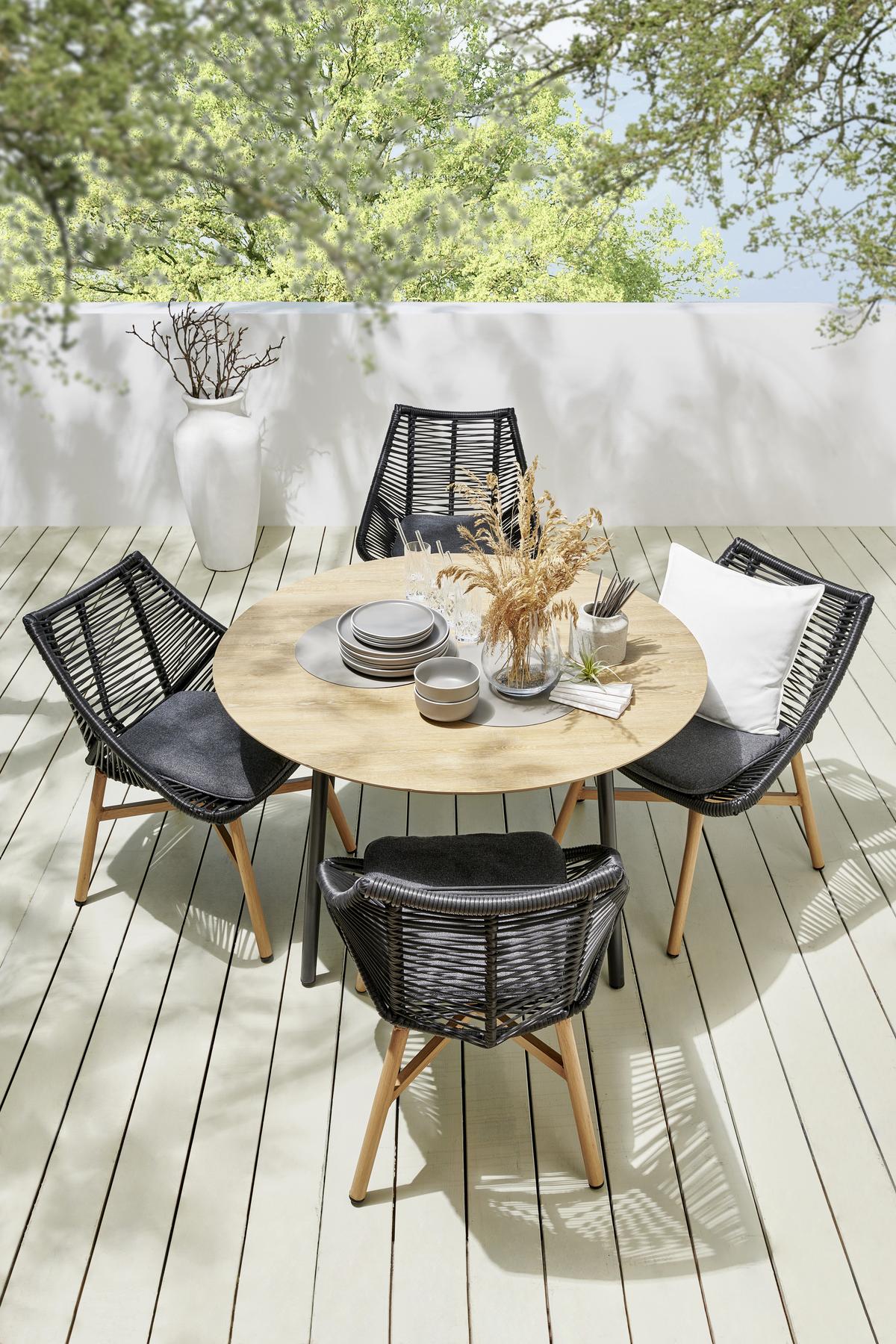 Gartentischgruppe Carmello Schwarz/Teakfarben - Anthrazit/Schwarz, Modern, Kunststoff/Textil - Mömax