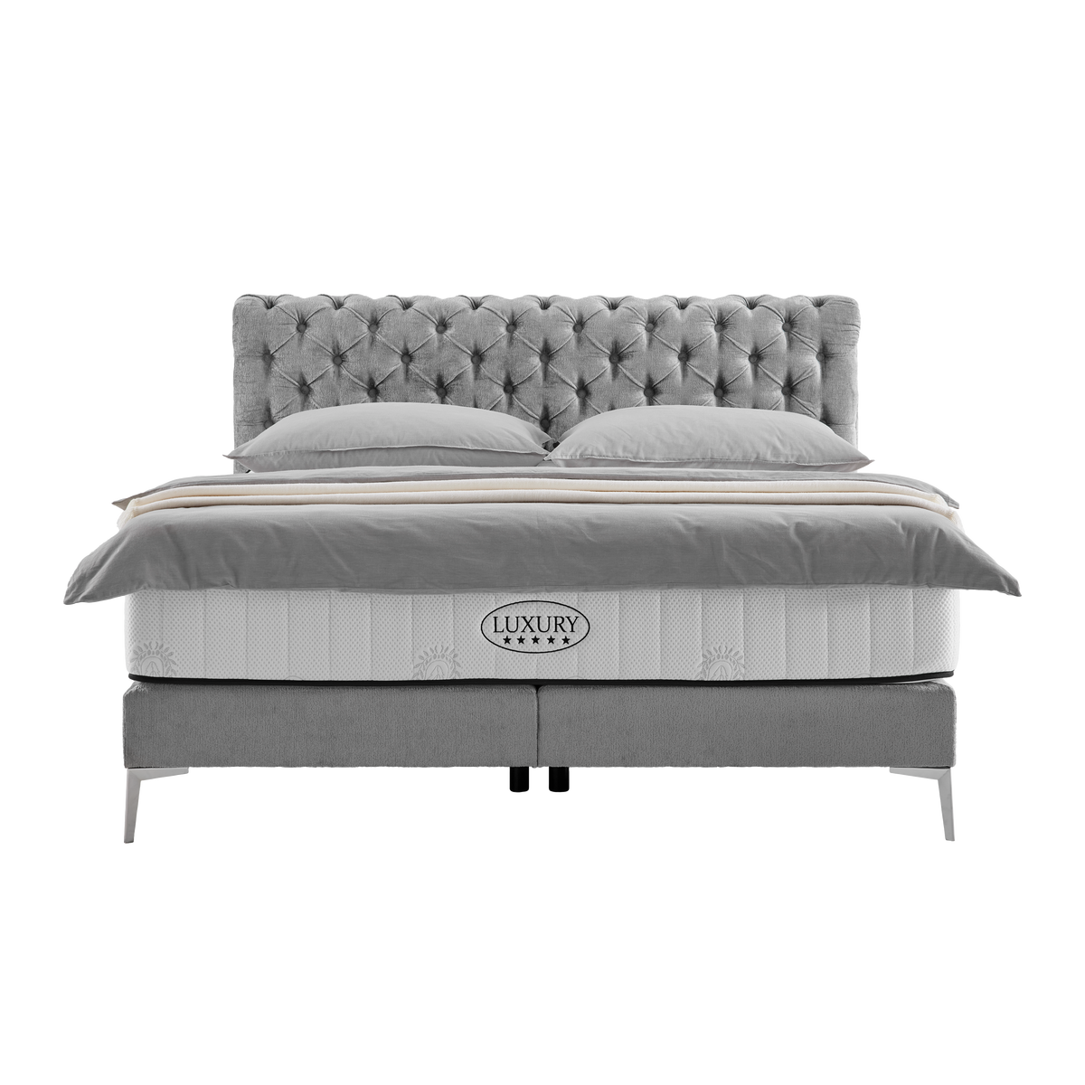 Boxspringbett Queen in Grau ca. 160x200cm - Chromfarben/Goldfarben, KONVENTIONELL, Textil (160/200cm) - Premium Living
