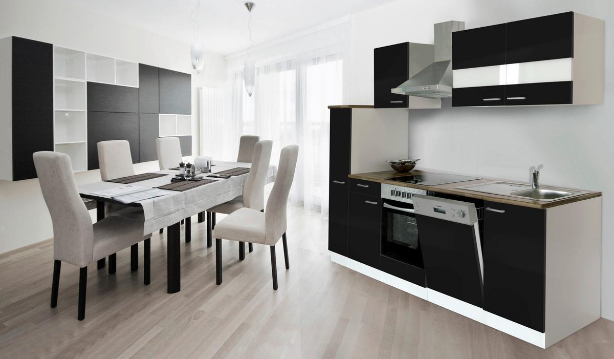 Küchenzeile Economy m. Geräten Schwarz/Nussbaum B: ca. 250 cm - Edelstahlfarben/Nussbaumfarben, Basics, Holzwerkstoff/Metall (250cm) - Respekta