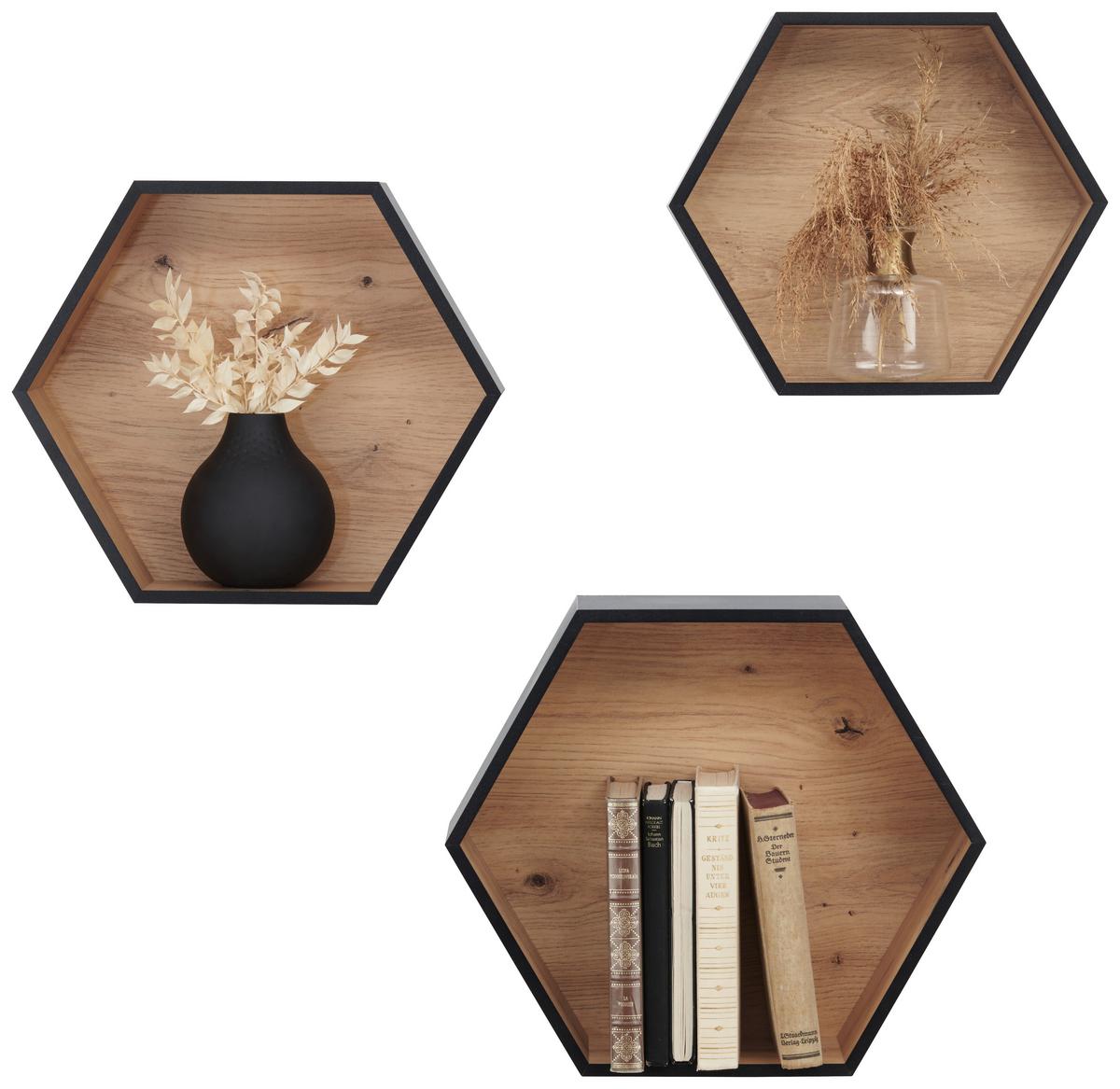 ZESTAW REGAŁÓW ŚCIENNYCH BEN - czarny/dąb artisan, Basics, materiał drewnopochodny (30-37/26-32/9-12cm) - Xora