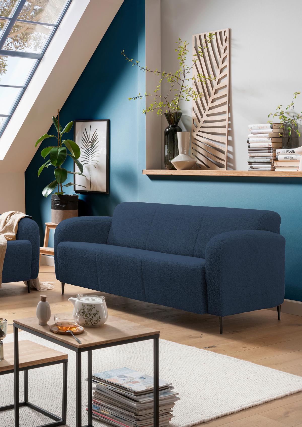 3-Sitzer-Sofa Marone Blau Teddystoff - Blau/Schwarz, MODERN, Textil/Metall (180/76/90cm) - Livetastic