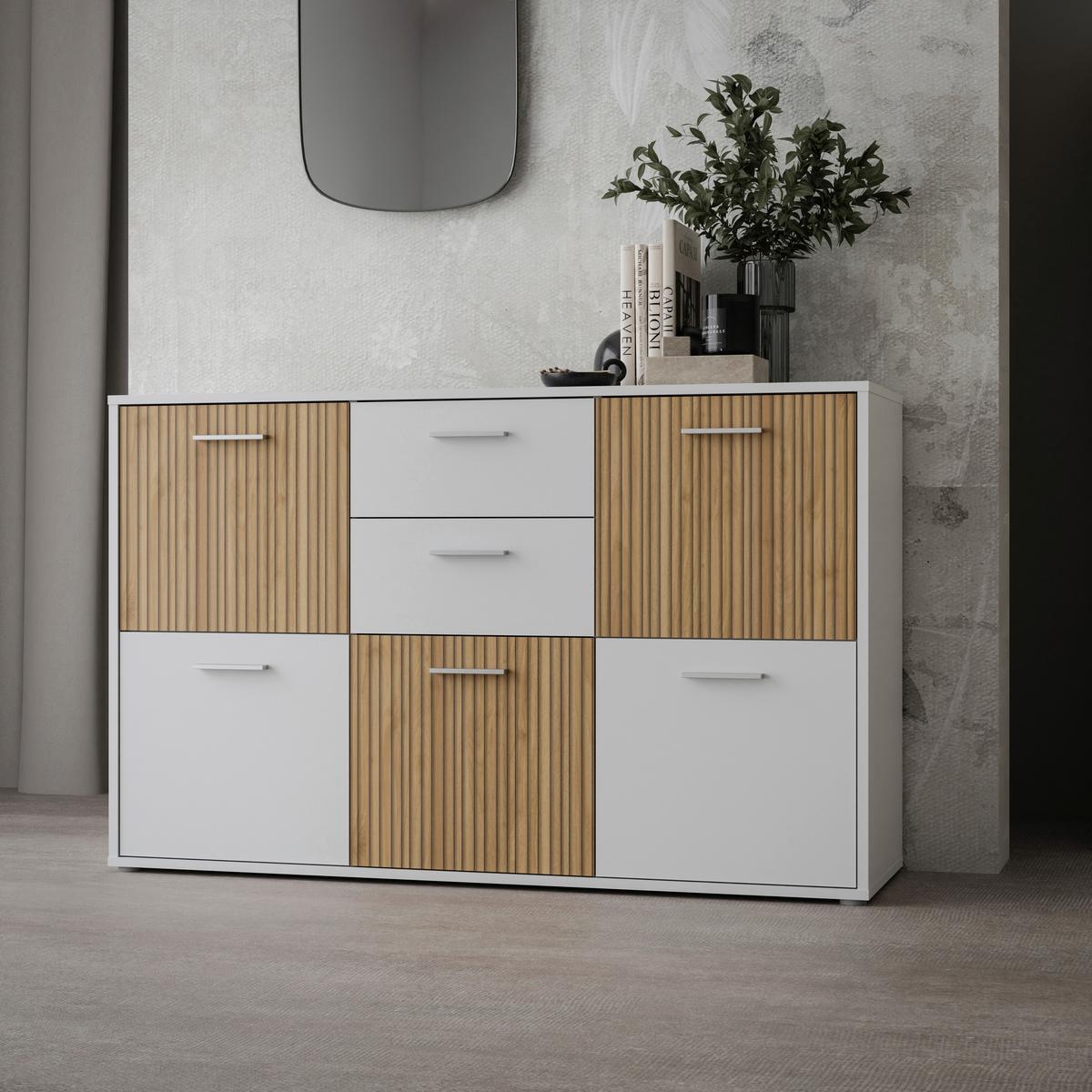 Komoda Quadro 2, Bela, Barva Hrasta - barve hrasta/bela, Moderno, leseni material (138,2/95,1/40cm) - Mömax