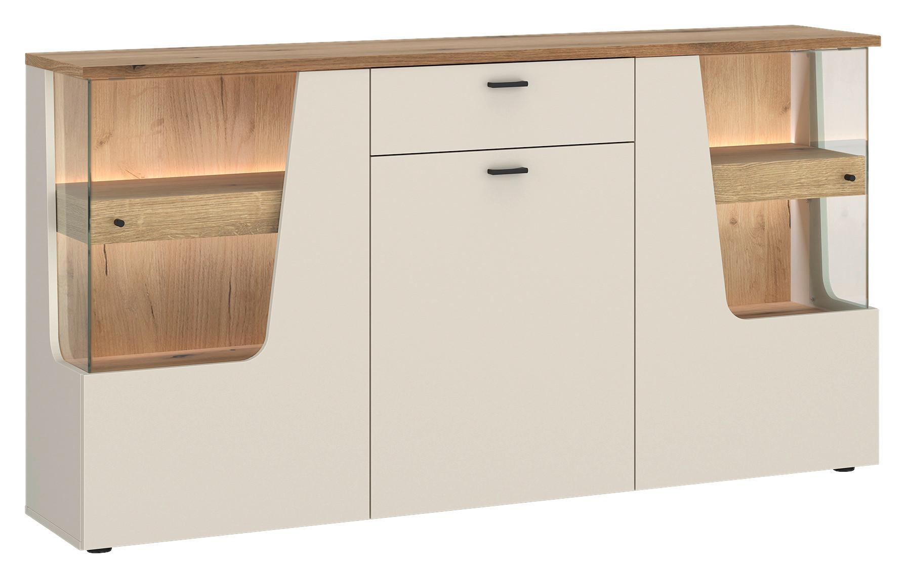 Comodă CUT OUT - cașmir/culoare lemn stejar, Modern, sticlă/material pe bază de lemn (165/90/40cm) - Premium Living