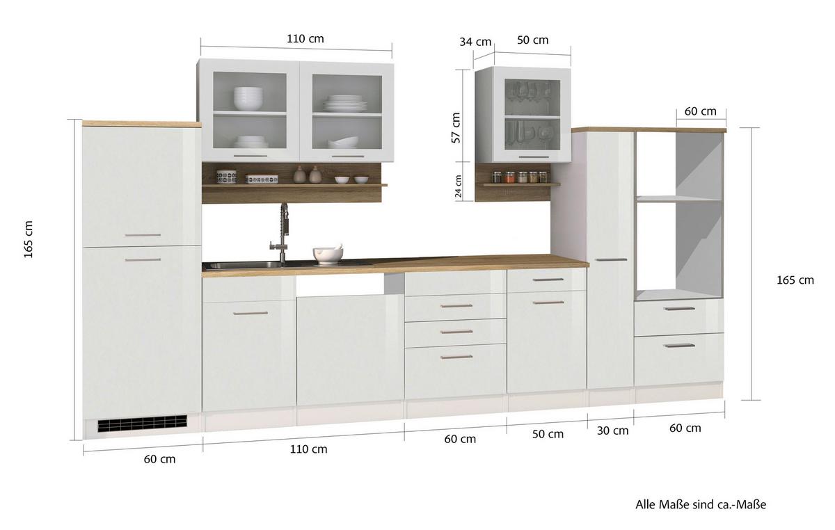 Küchenleerblock Mailand o. Geräte Weiß Hochglanz - Weiß Hochglanz/Silberfarben, MODERN, Glas/Holzwerkstoff (370cm) - Held