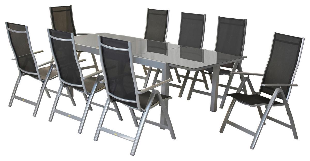 Vrtni Set Carrara, 9-Delni, Raztegljiva Miza - srebrne barve/črna, Moderno, kovina/tekstil - Gardenson