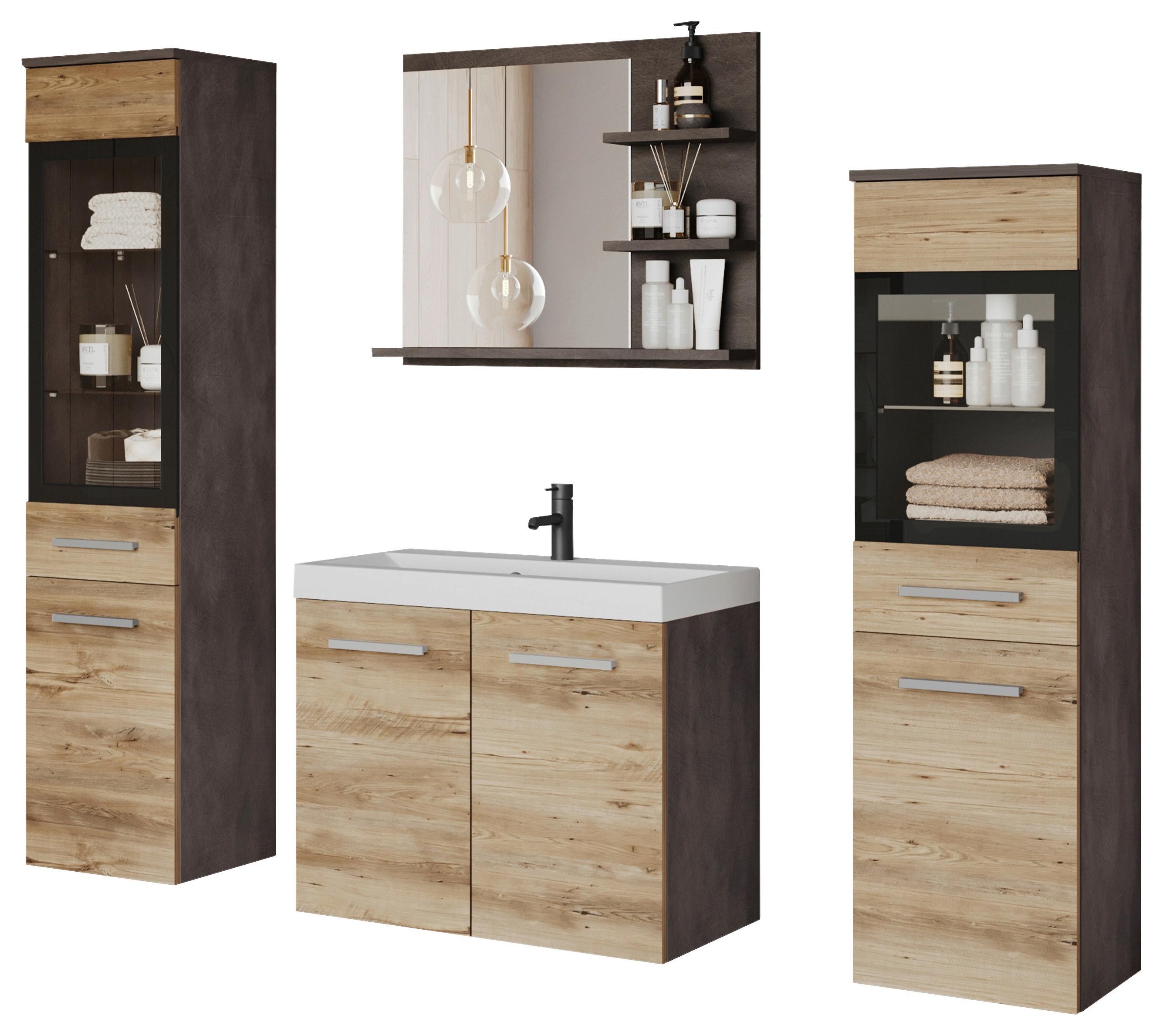Badmöbel-Set 5-tlg. Madrit mit LED ca. 120 cm Kastanieneiche - Kastanieneichefarben/Anthrazit, LIFESTYLE, Glas/Keramik (120,4/131,5/34,5cm) - P & B