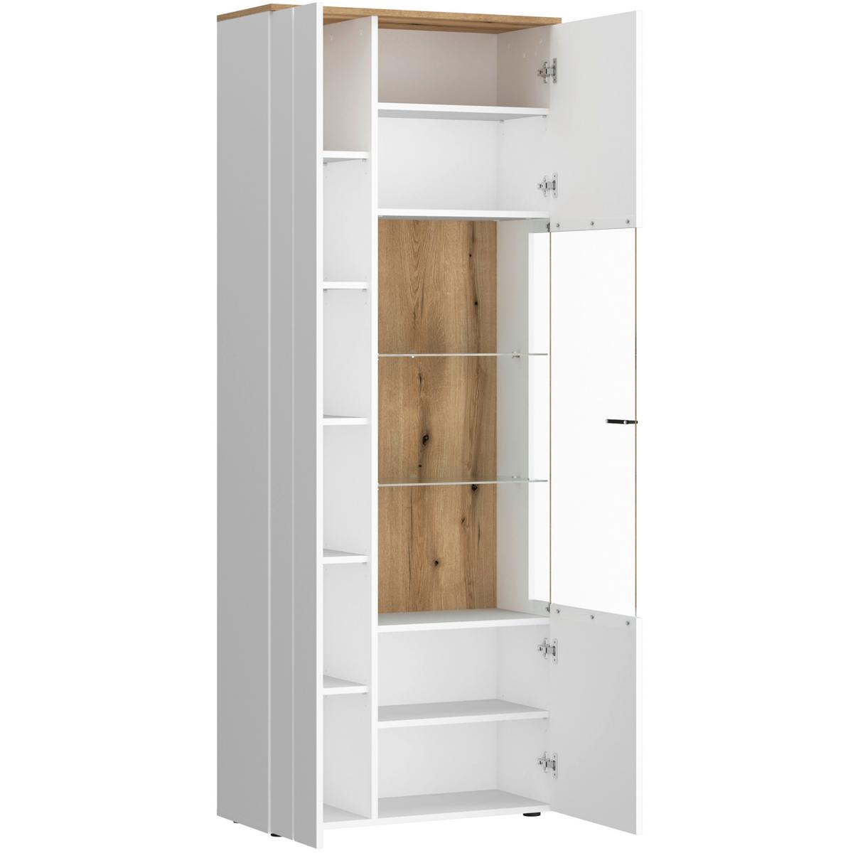 Vitrină DALANO - alb/culoare lemn stejar, Trend, sticlă/material pe bază de lemn (77,7/201,8/37,2cm) - Modern Living