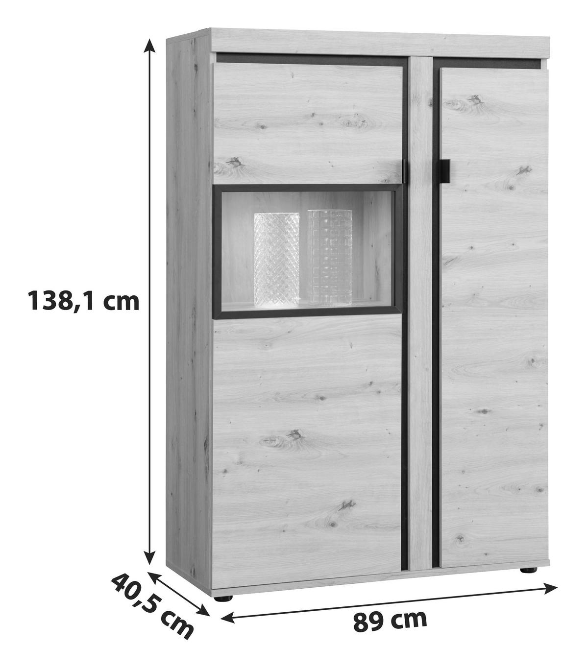 Vitrina Nyon, Barva Hrasta, Črna, Led - črna/barve hrasta, Moderno, kovina/umetna masa (89/138,1/40,5cm) - Mömax