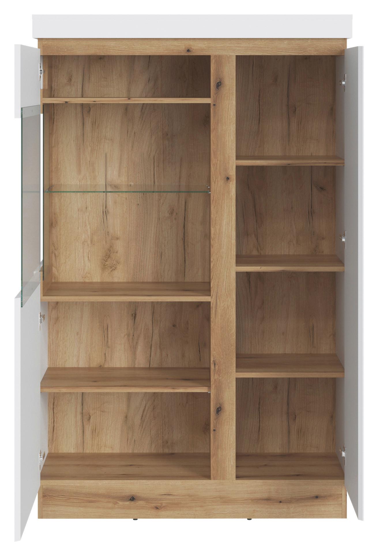 Comodă înaltă CALABRIA - alb/culoare lemn stejar, Trend, sticlă/material pe bază de lemn (103,6/163,5/40cm) - Modern Living