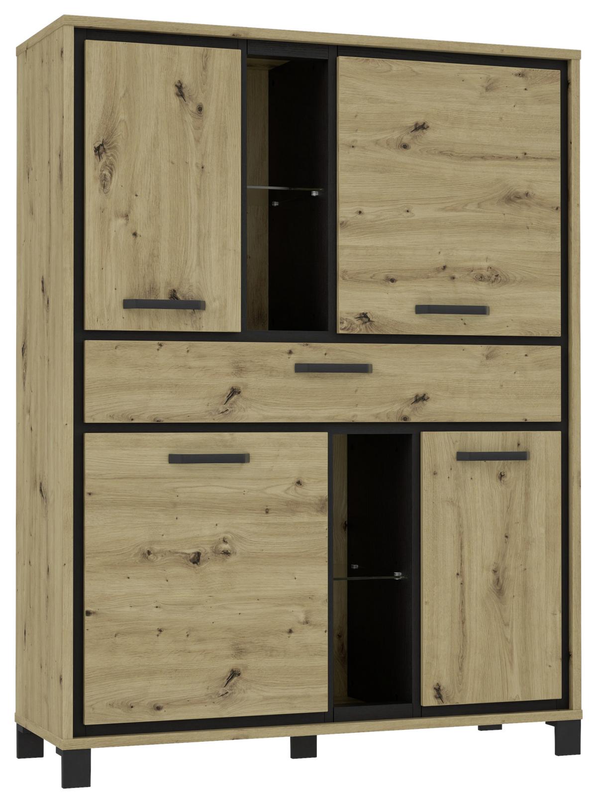 Highboard "Trondheim" , Schwarz, Eiche - Eichefarben/Schwarz, Basics, Glas/Holzwerkstoff (120,4/161/41,5cm) - Livetastic