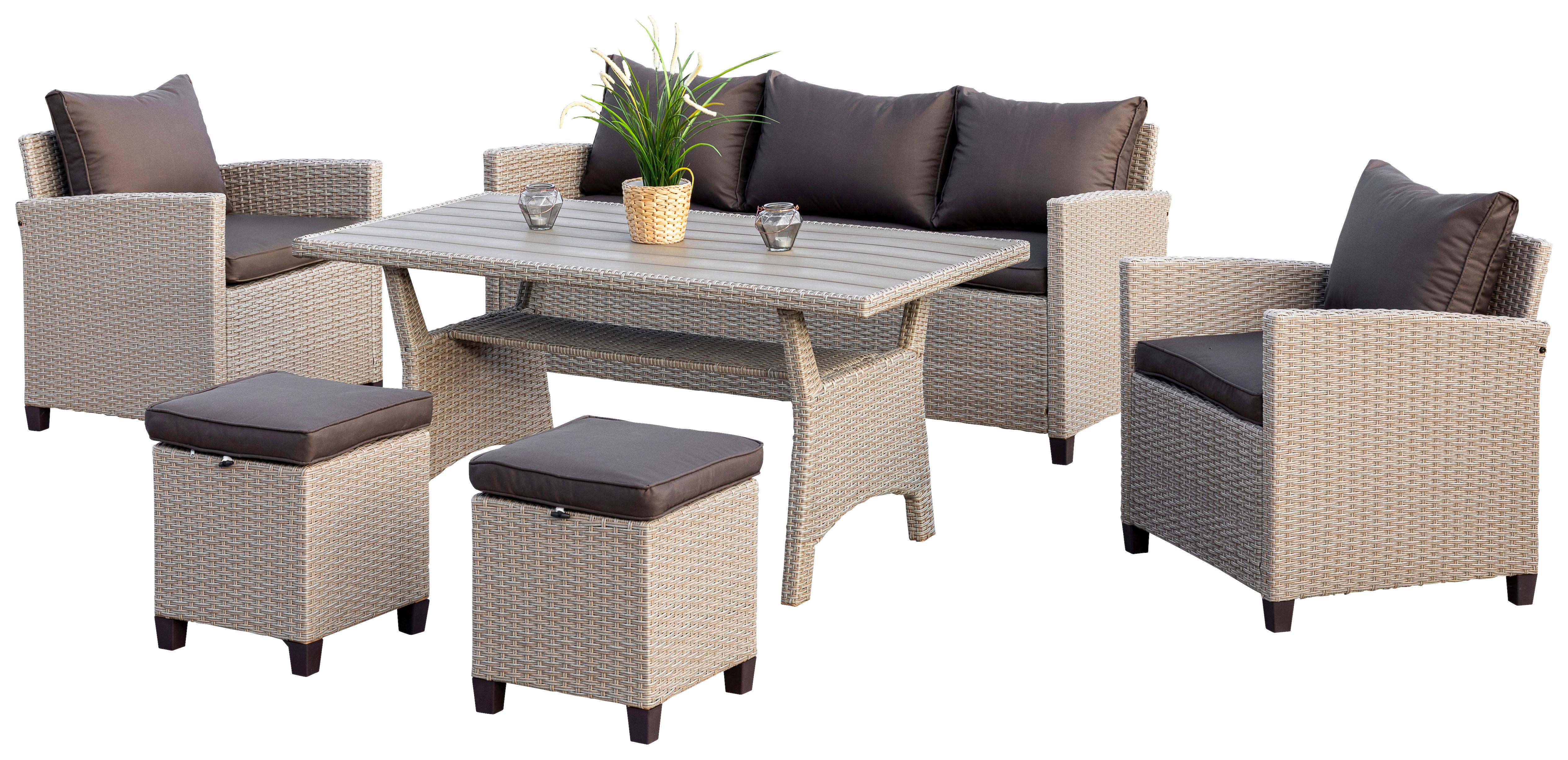 Loungegarnitur 16-tlg. Striano inkl. Kissen - Dunkelbraun/Naturfarben, KONVENTIONELL, Kunststoff/Textil (172/75/65cm) - Gardenson