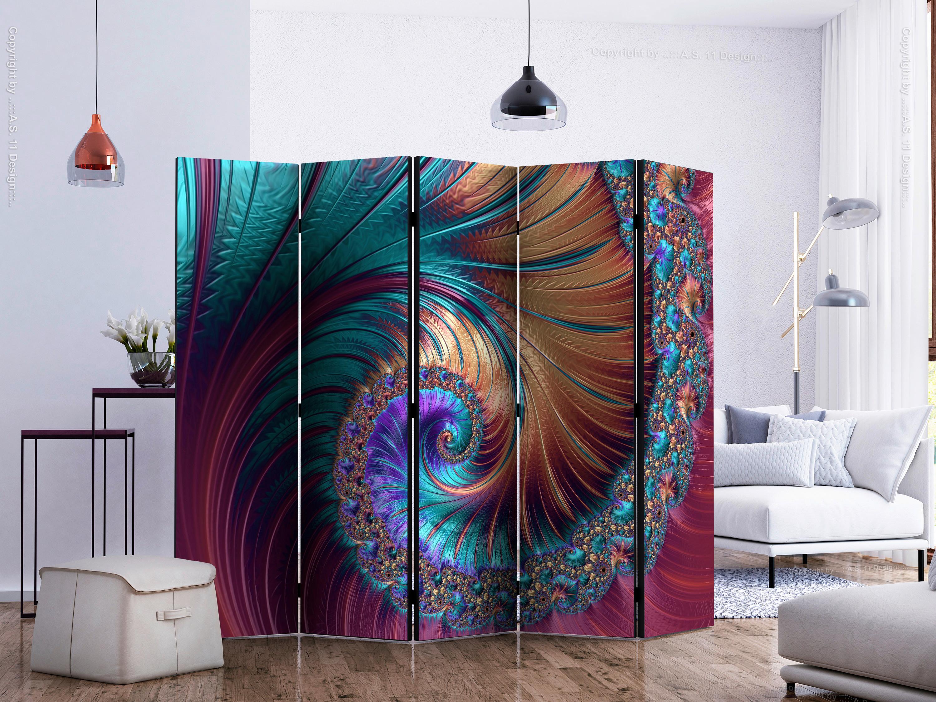 Paravan Peacock Tail I, 5-Delni, Dvostranski - večbarvno, Basics, tekstil/les (225/172/3cm) - artgeist
