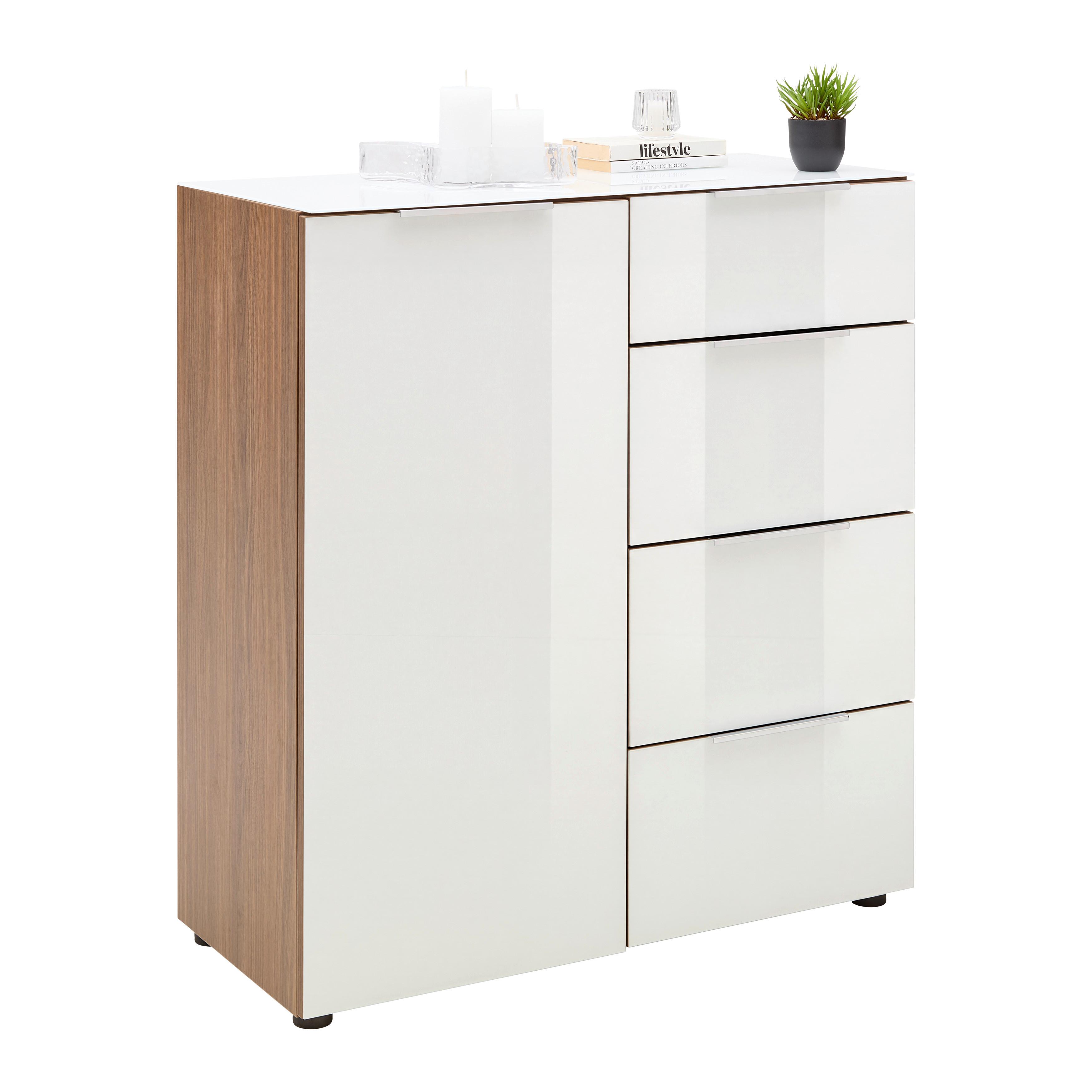 Kommode Siena Weiß/Nussbaumfarben - Silberfarben/Nussbaumfarben, MODERN, Glas/Holzwerkstoff (135/99/40cm) - Mömax