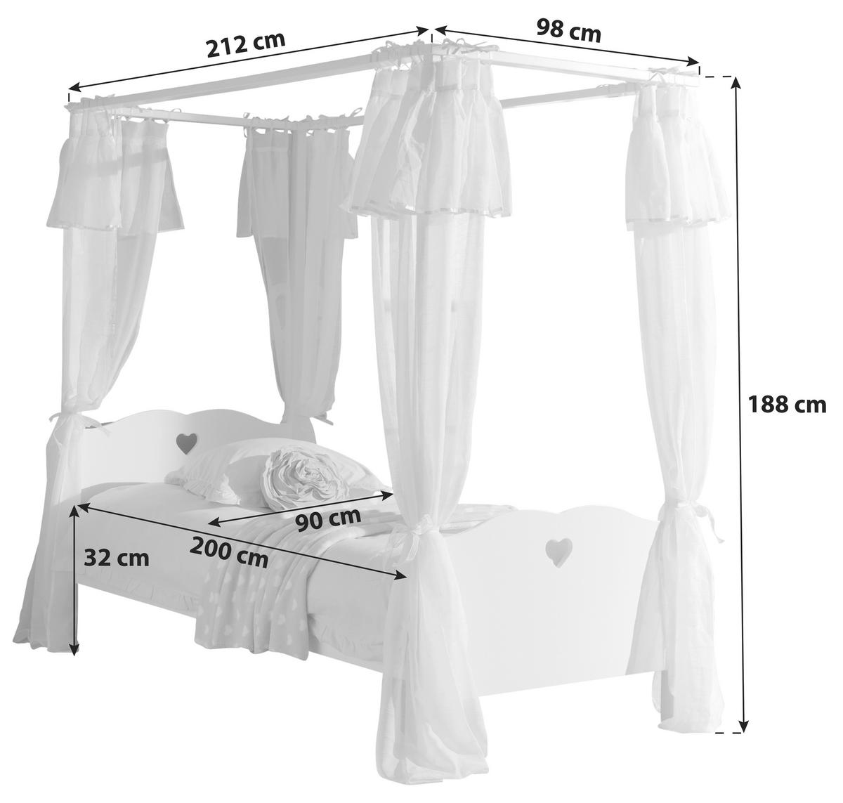 Himmelbett 90x200 Amori, Weiß - Weiß, KONVENTIONELL, Holzwerkstoff/Textil (90/200cm) - Vipack
