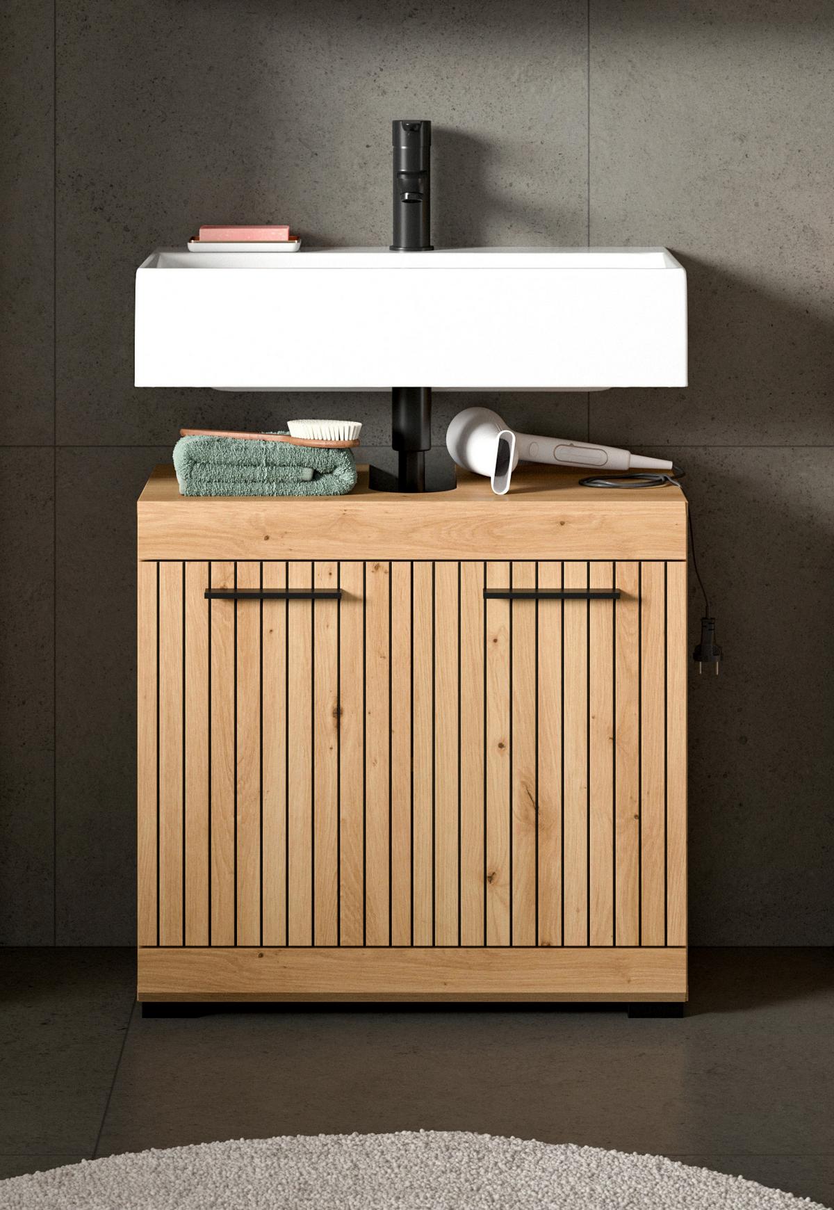 Waschbeckenunterschrank Scout Eiche Artisan - Schwarz/Eiche Artisan, Trend, Holzwerkstoff/Kunststoff (60/56/34cm) - MID.YOU