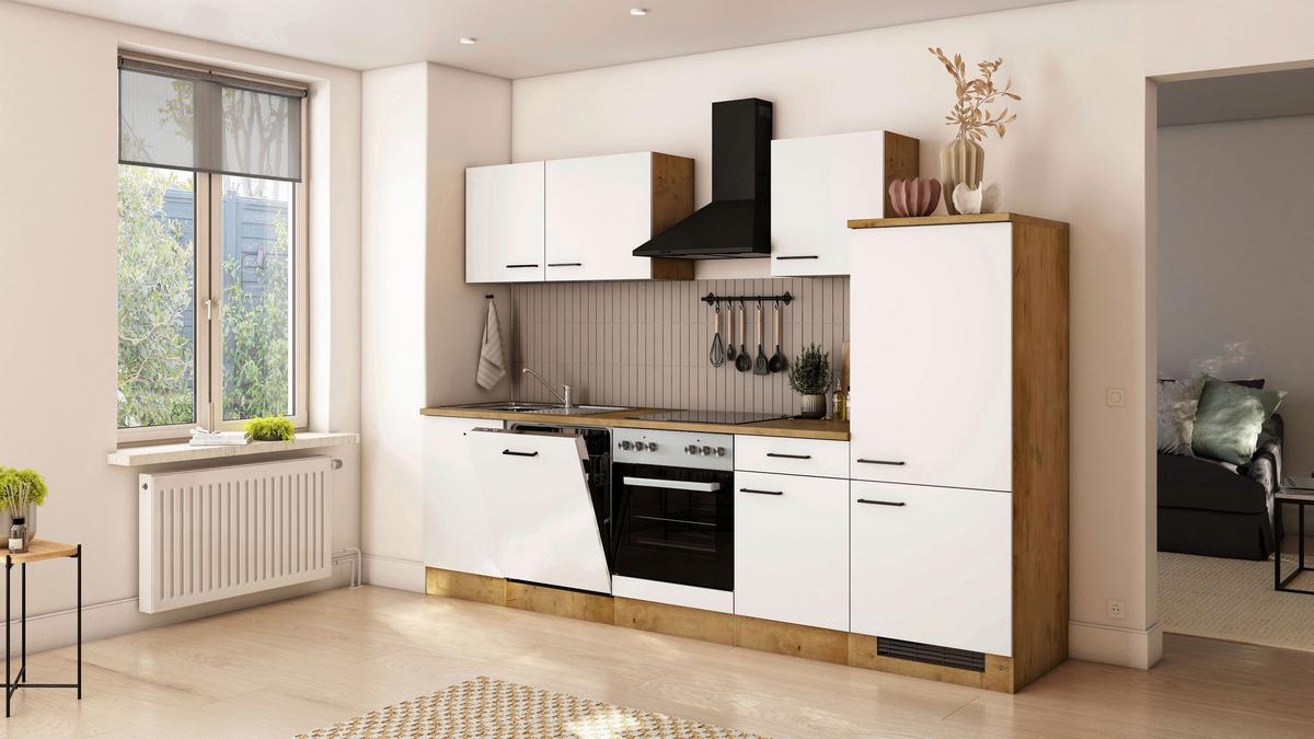Küchenblock Avila m. Geräten Magnolie - Eichefarben/Magnolie, Trend, Holzwerkstoff/Metall (280cm) - FlexWell