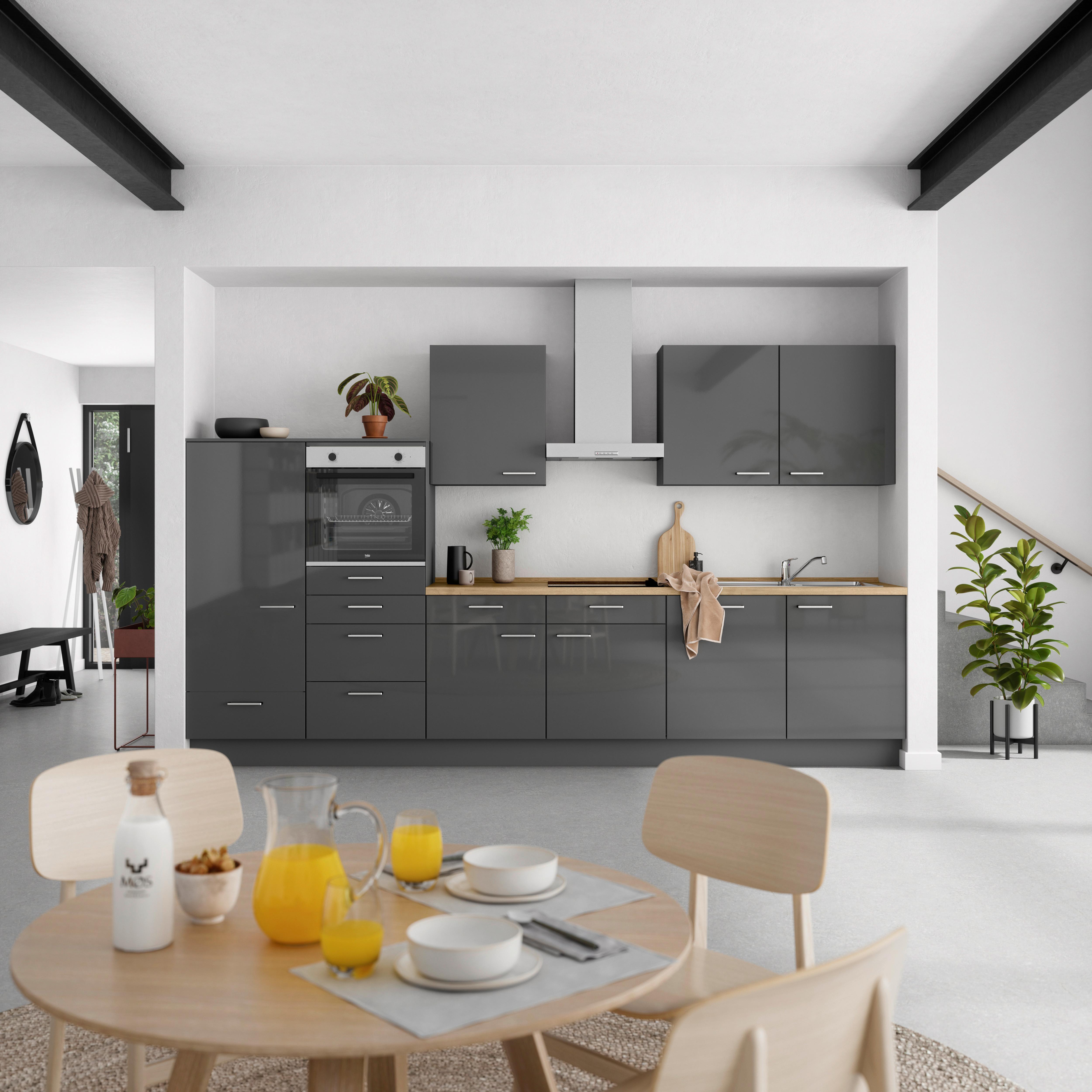 Küchenblock Flash Low m. Geräten Schieferfarben - Schieferfarben/Edelstahlfarben, MODERN, Holzwerkstoff/Metall (360cm) - Nobilia