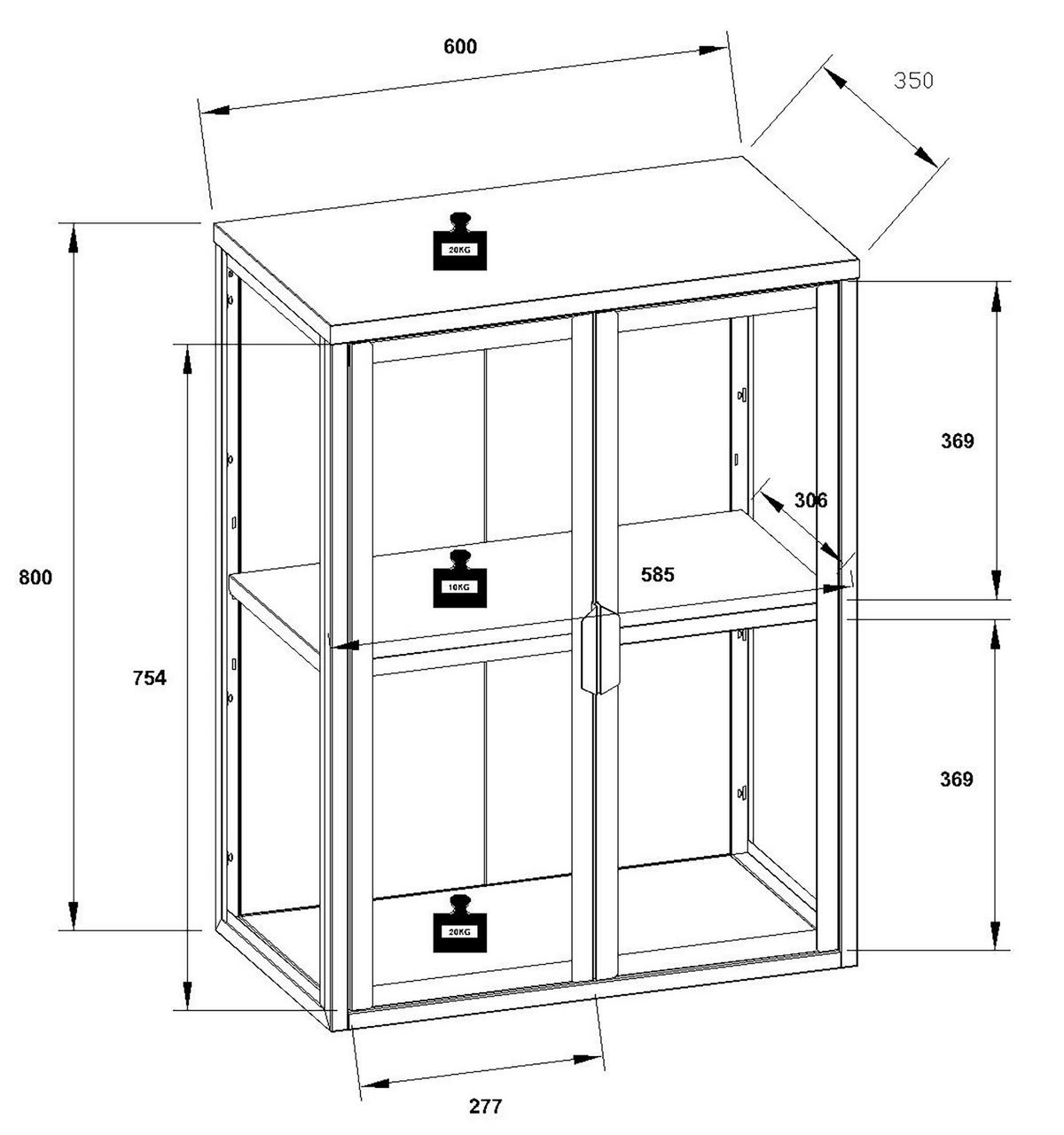 Viseča Vitrina Flokas M, Bela - bela/prosojno, Design, kovina/steklo (60/80/35cm) - MID.YOU