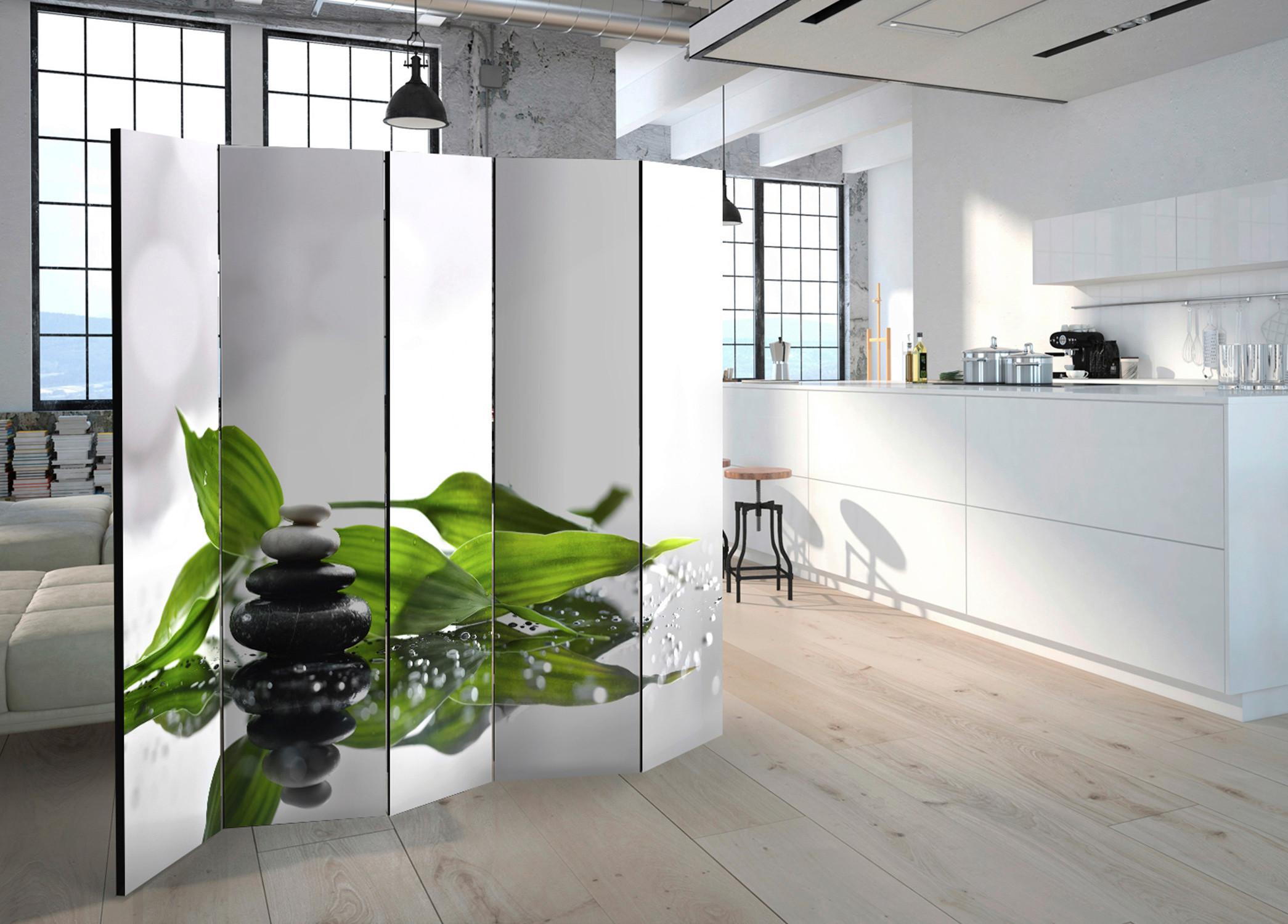 Paravan Zen I, 5-Delni, Dvostranski - siva/zelena, Basics, tekstil/les (225/172/3cm) - artgeist